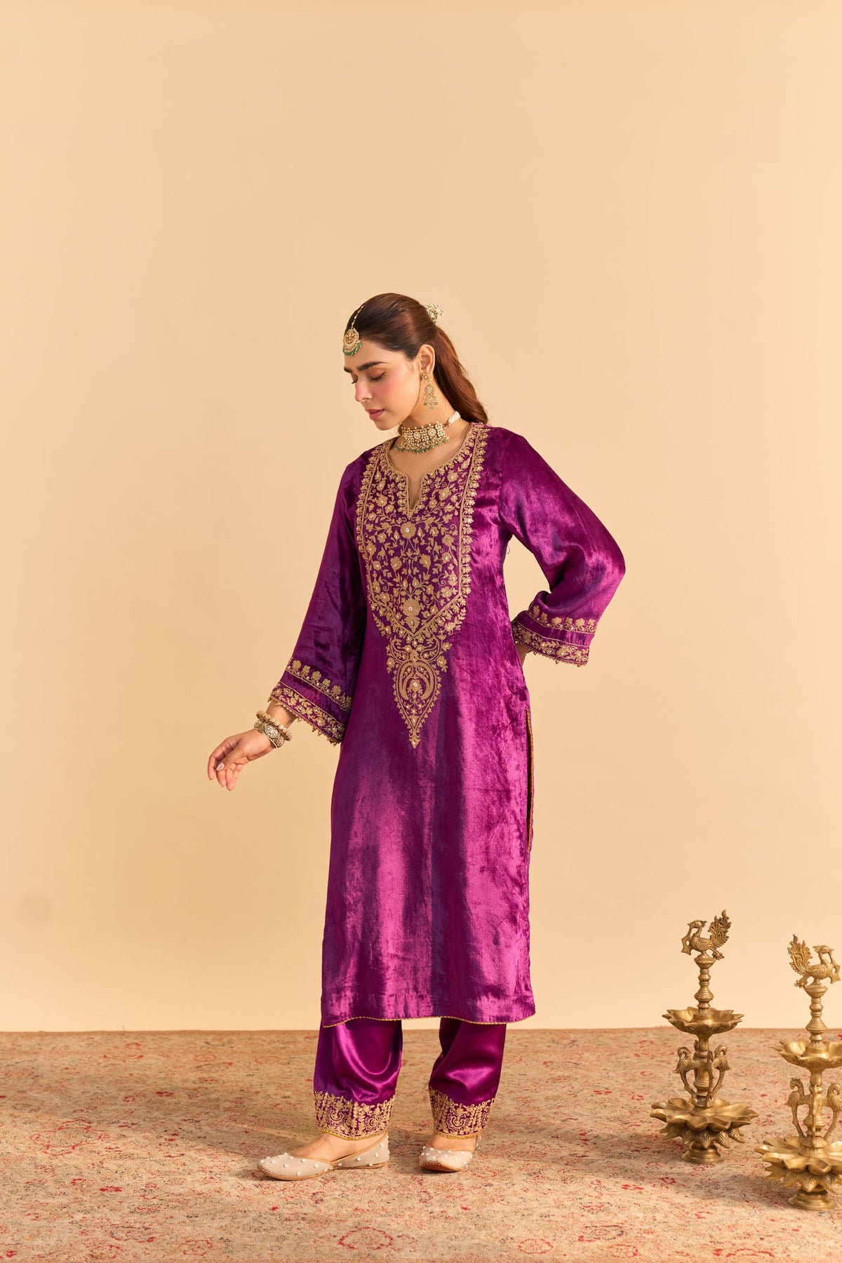 Fareeha Silk Velvet purple Long Kurta with salwar