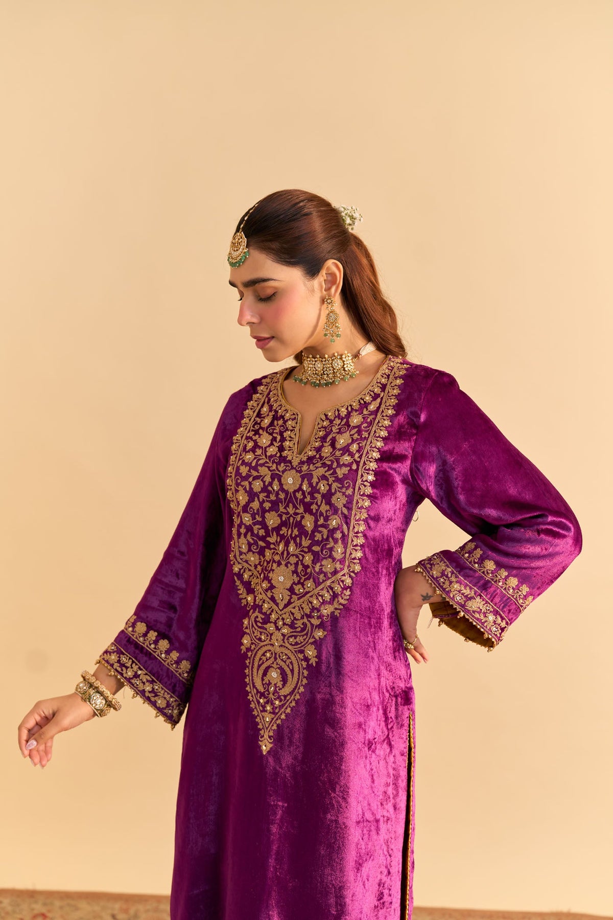 Fareeha Silk Velvet purple Long Kurta with salwar
