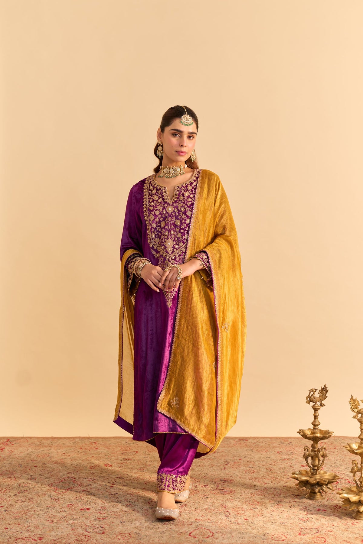 Fareeha Silk Velvet purple Long Kurta with salwar
