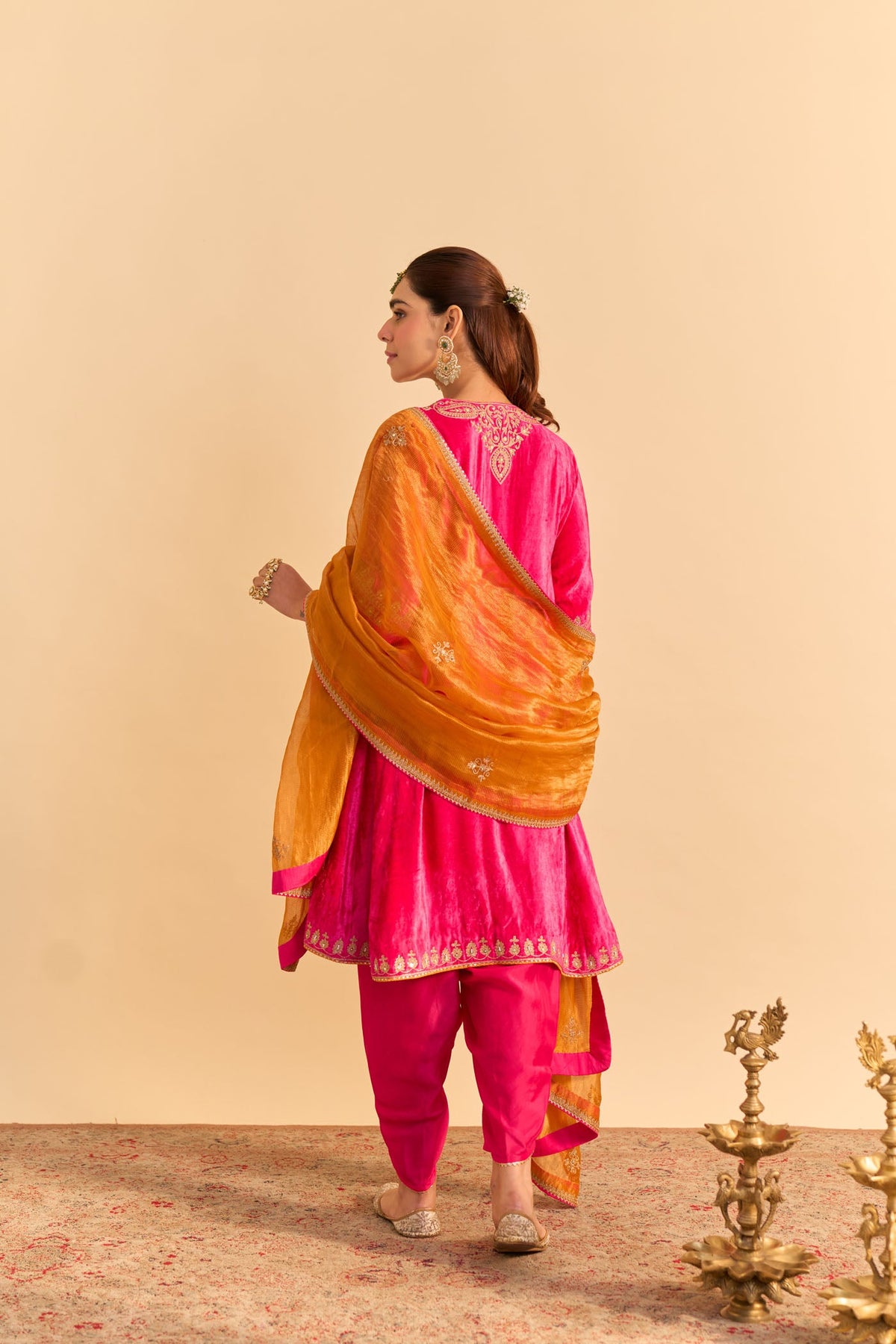Amal - Silk Velvet Rani Hotpink A-line Kurta with Dhoti