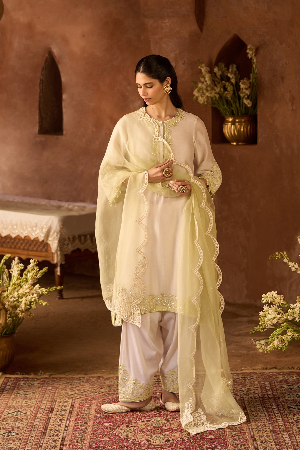 HANI - DAISY IVORY WITH MINT GREEN A-LINE KURTA WITH SALWAR AND DUPATTA (LXRTS)