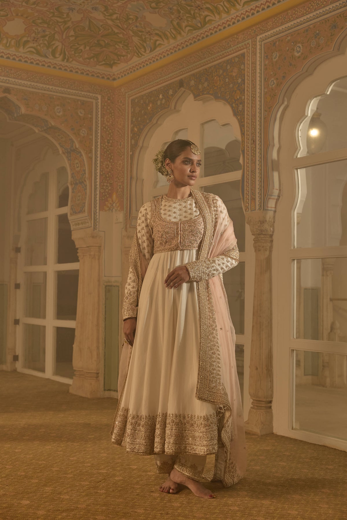Noor - Dabka Zardozi Embroidered Chanderi Silk Daisy Ivory Anarkali Set