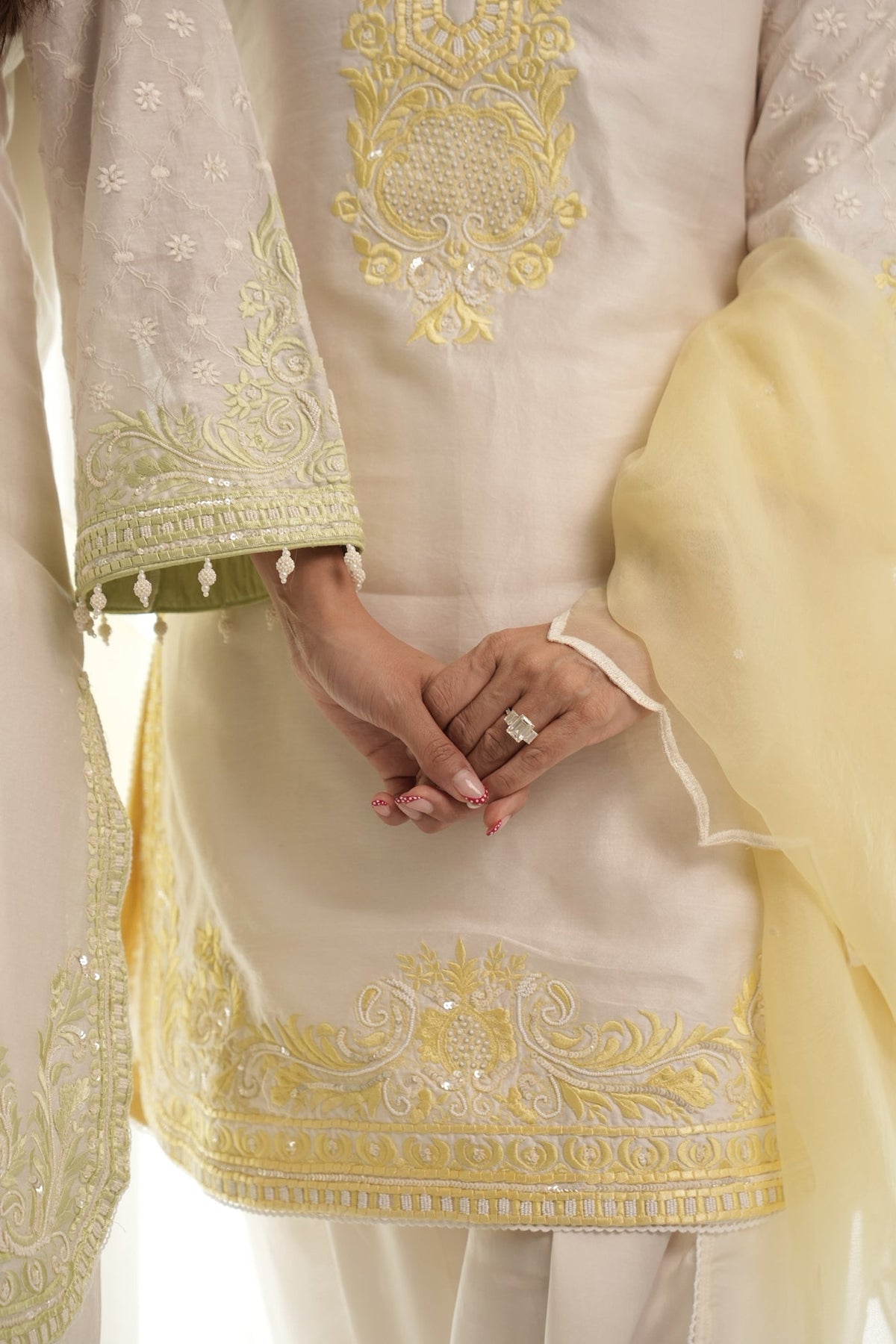 Tasheen In RUHI - DAISY IVORY WITH LEMON YELLOW SHORT KURTA AND DHOTI