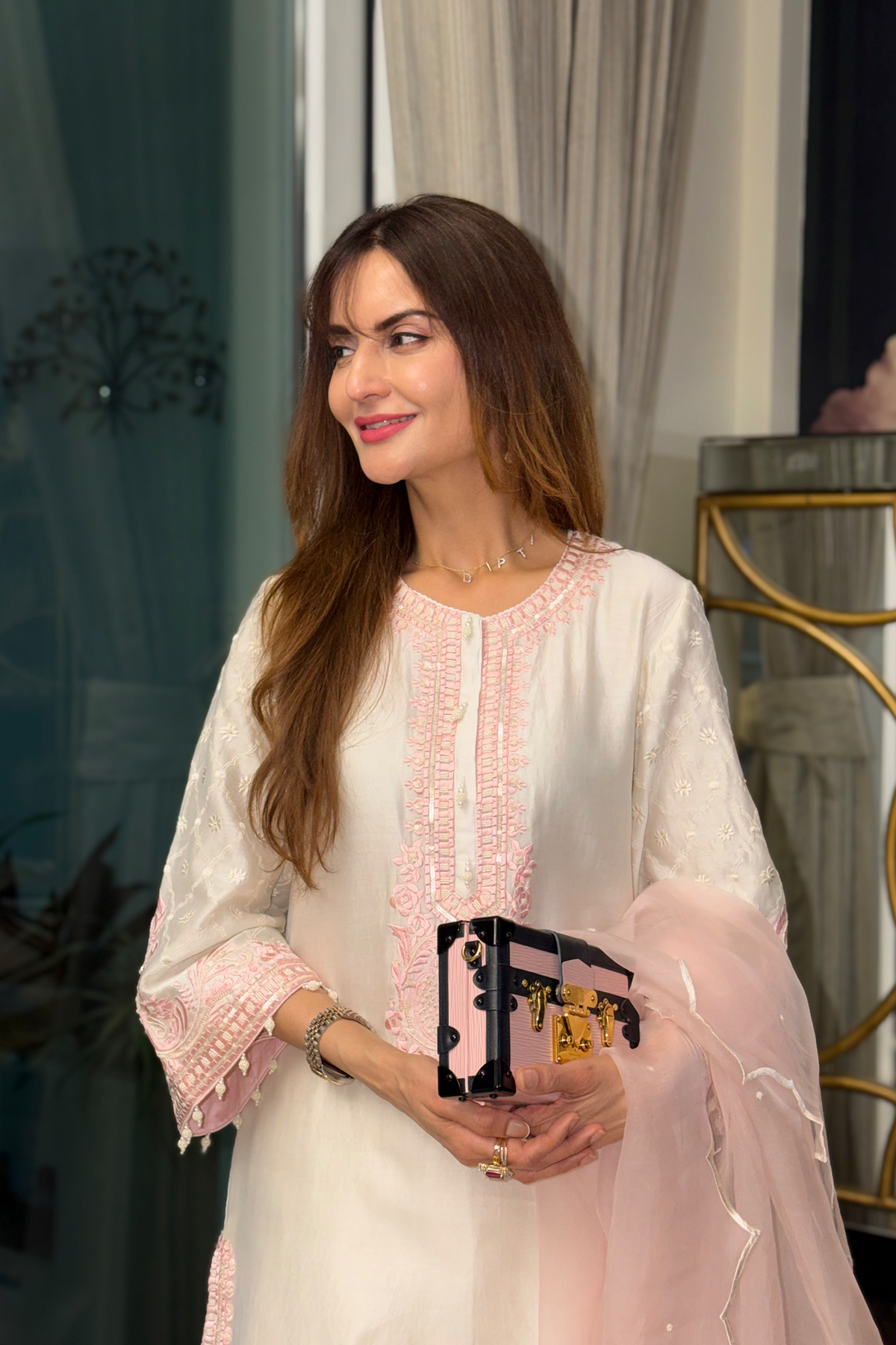 Dipti Dhillon In RUHI - DAISY IVORY WITH PINK SHORT KURTA AND DHOTI