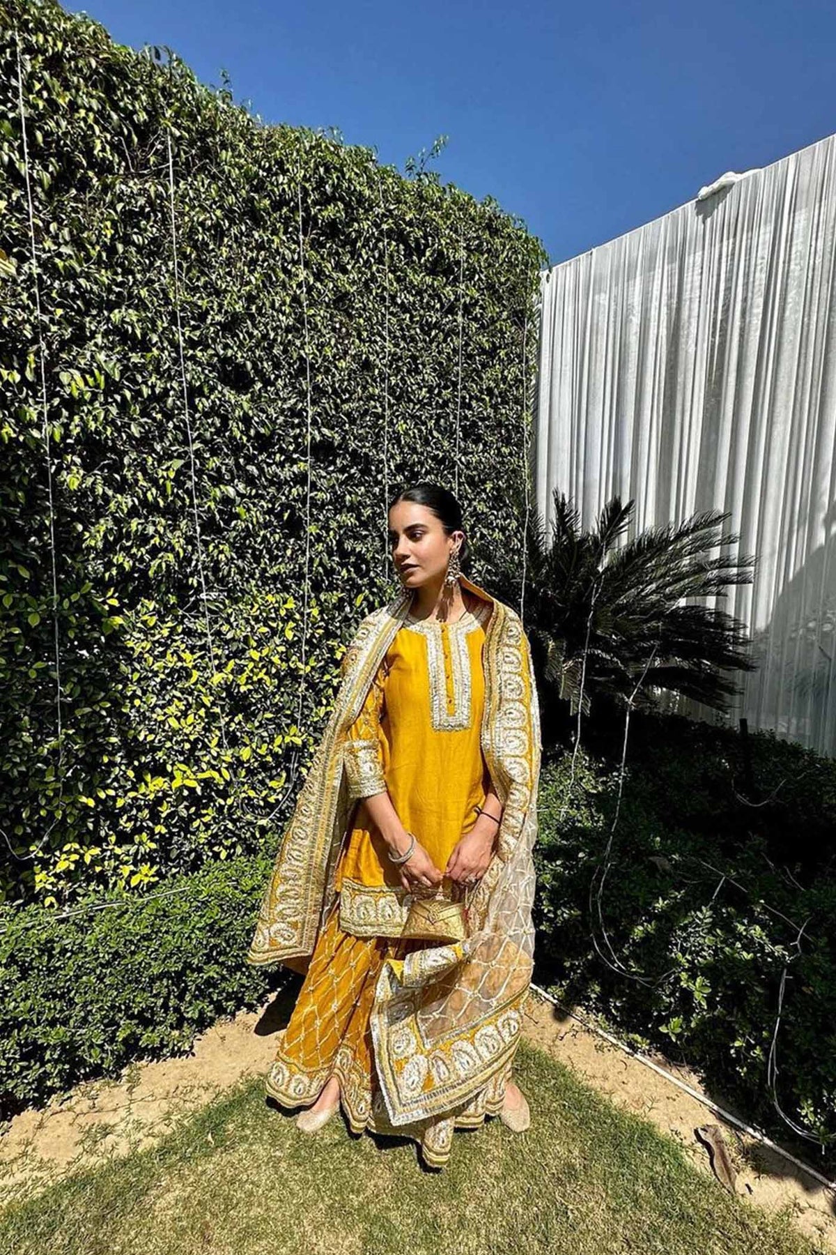 Heena Bhalla IN Shabina- Heirloom Mustard short kurta with garara and dupatta