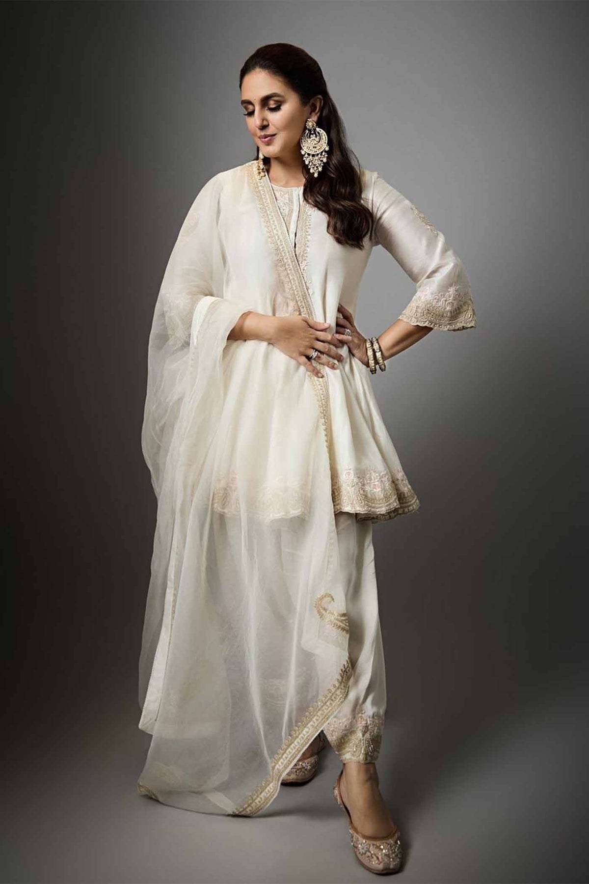 Huma Qureshi in Faria - Daisy Ivory Short Anarkali with Chooridaar and Dupatta