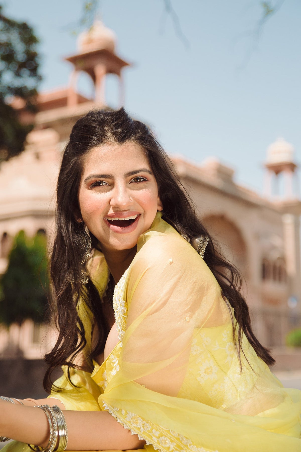 In Samrina - Lemon Yellow Lehenga with blouse and dupatta