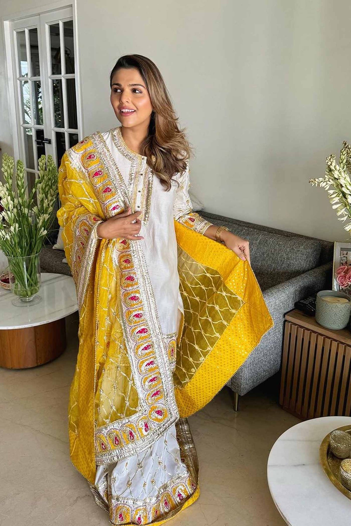 Tina Kakkad In Shabina- Daisy Ivory short kurta with garara and dupatta
