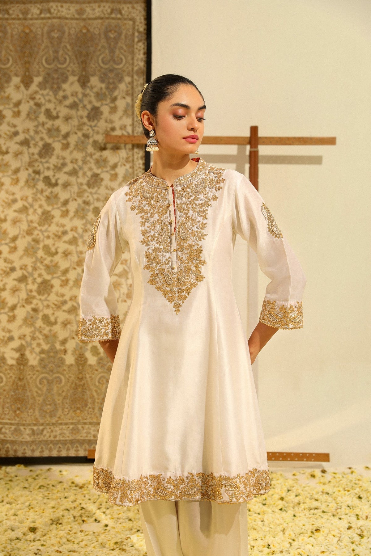 Rajak - Daisy Ivory Hand Embroidered Short A-line kurta with Salwar and dupatta (Lxrts)