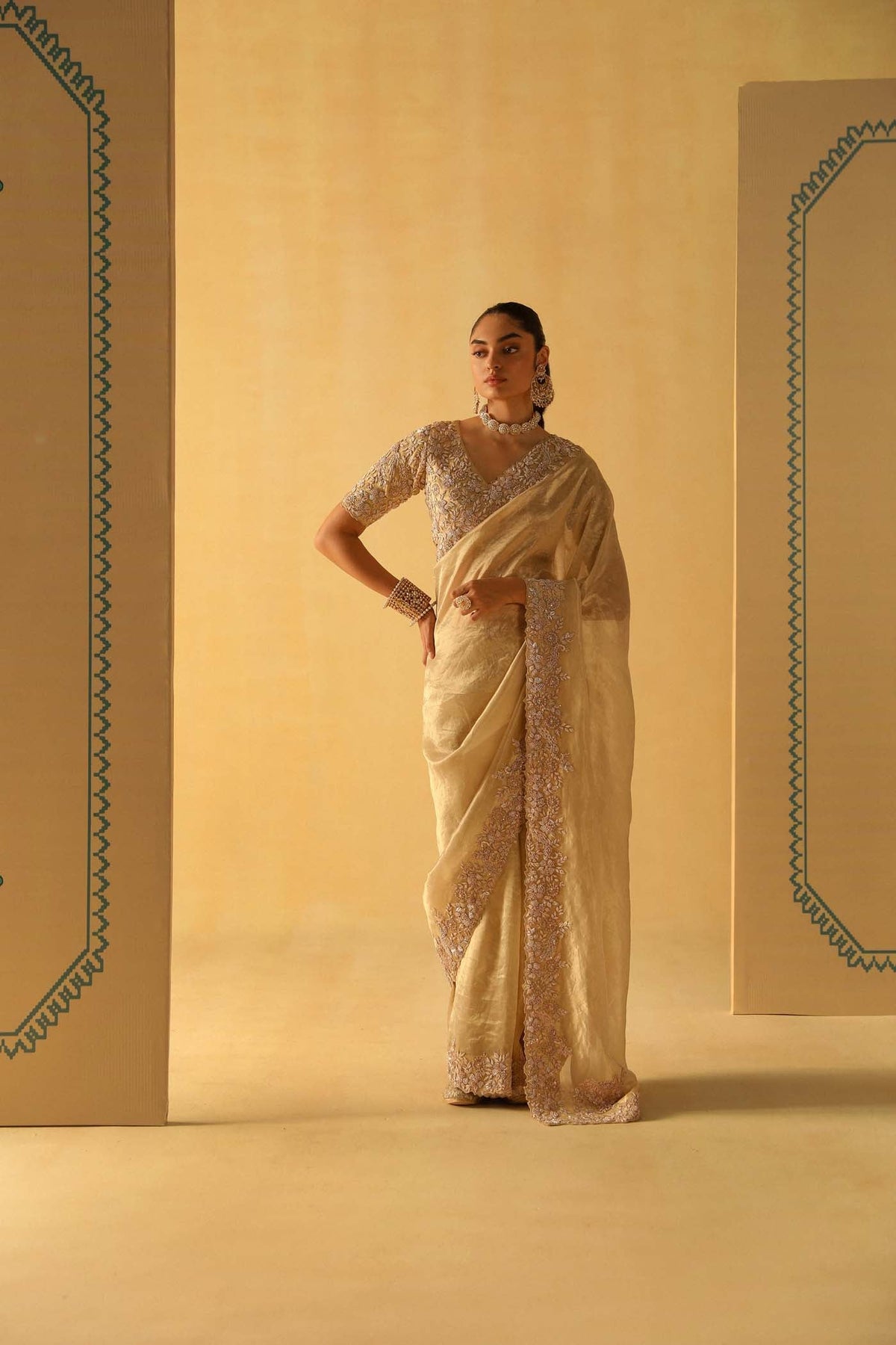 Maheen - Gold Tissue Saree Set