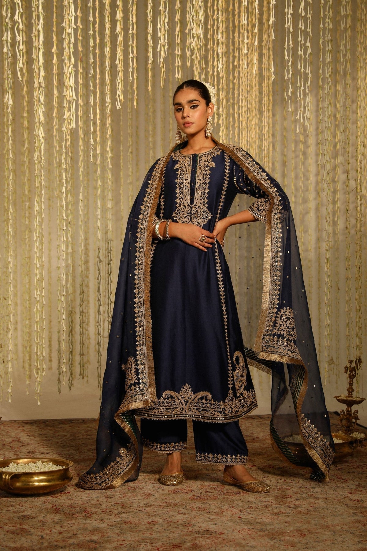 SABIRAH - DEEP BLUE LONG KURTA WITH PALAZZO AND DUPATTA (LXRTS)
