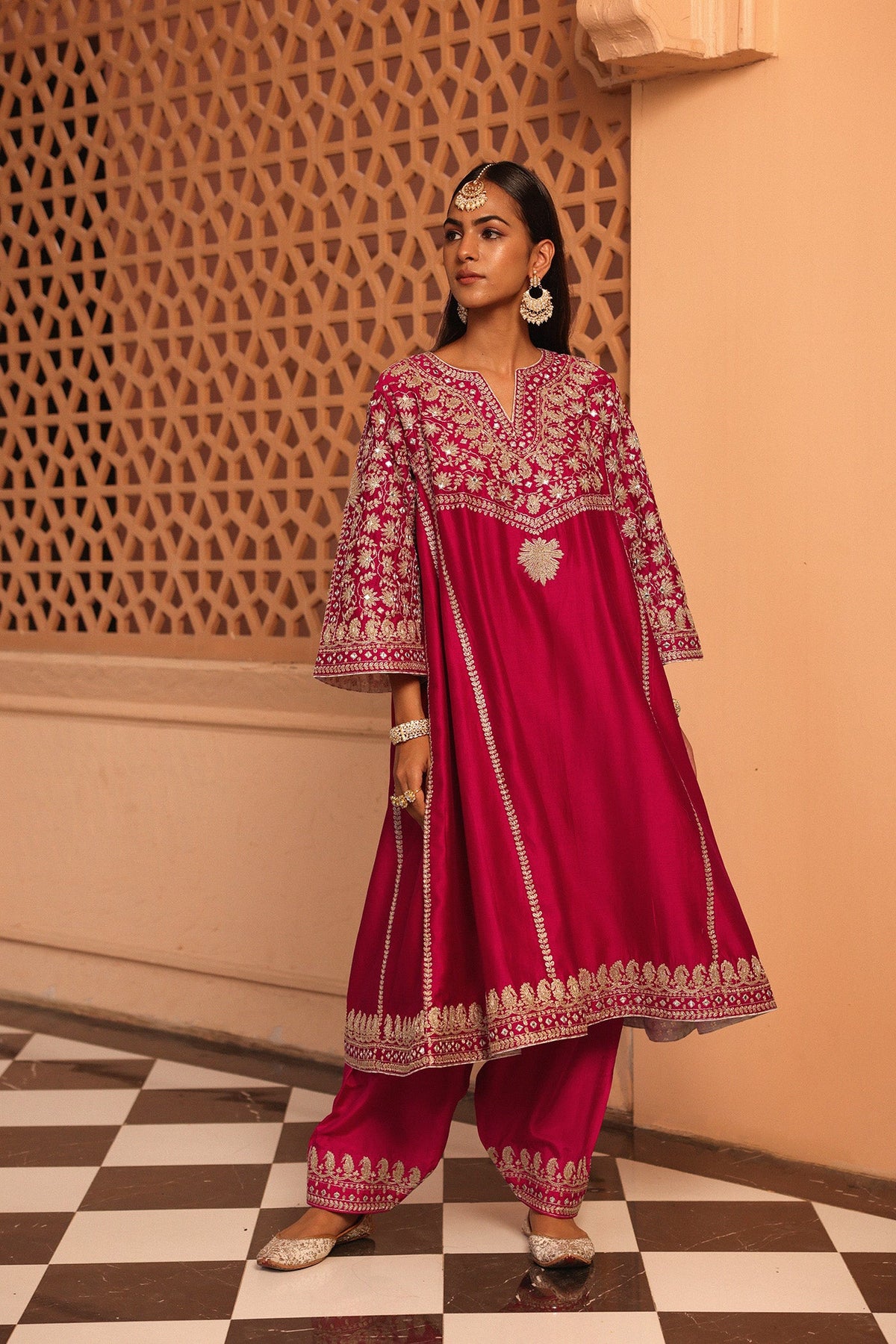 Aiman - Rani Hotpink Short Knee Length Choga with Salwar and Odhni