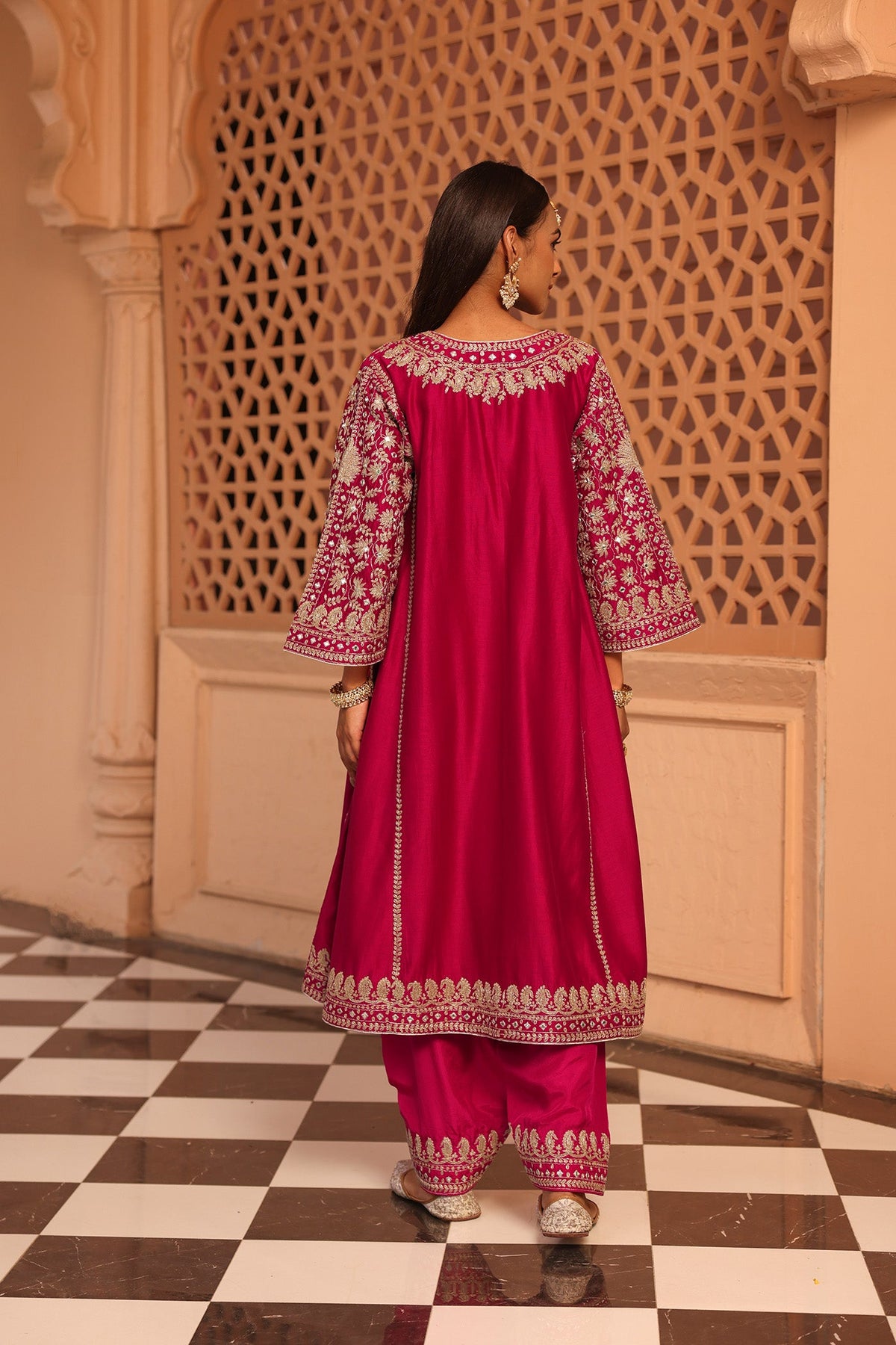 Aiman - Rani Hotpink Short Knee Length Choga with Salwar and Odhni