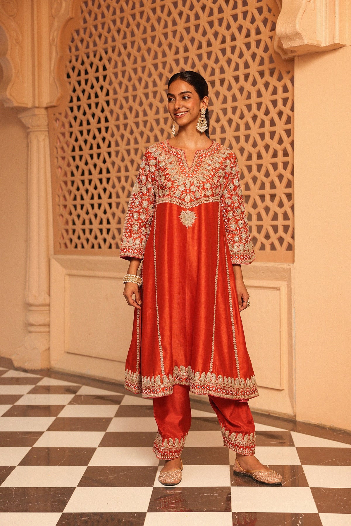 Simran Rajpal In Aiman - Burnt Orange Short Knee Length Choga with Salwar and Odhni