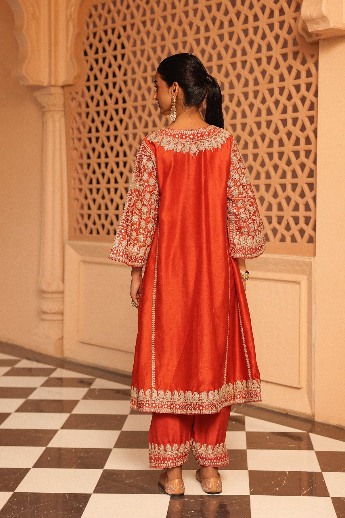 Simran Rajpal In Aiman - Burnt Orange Short Knee Length Choga with Salwar and Odhni