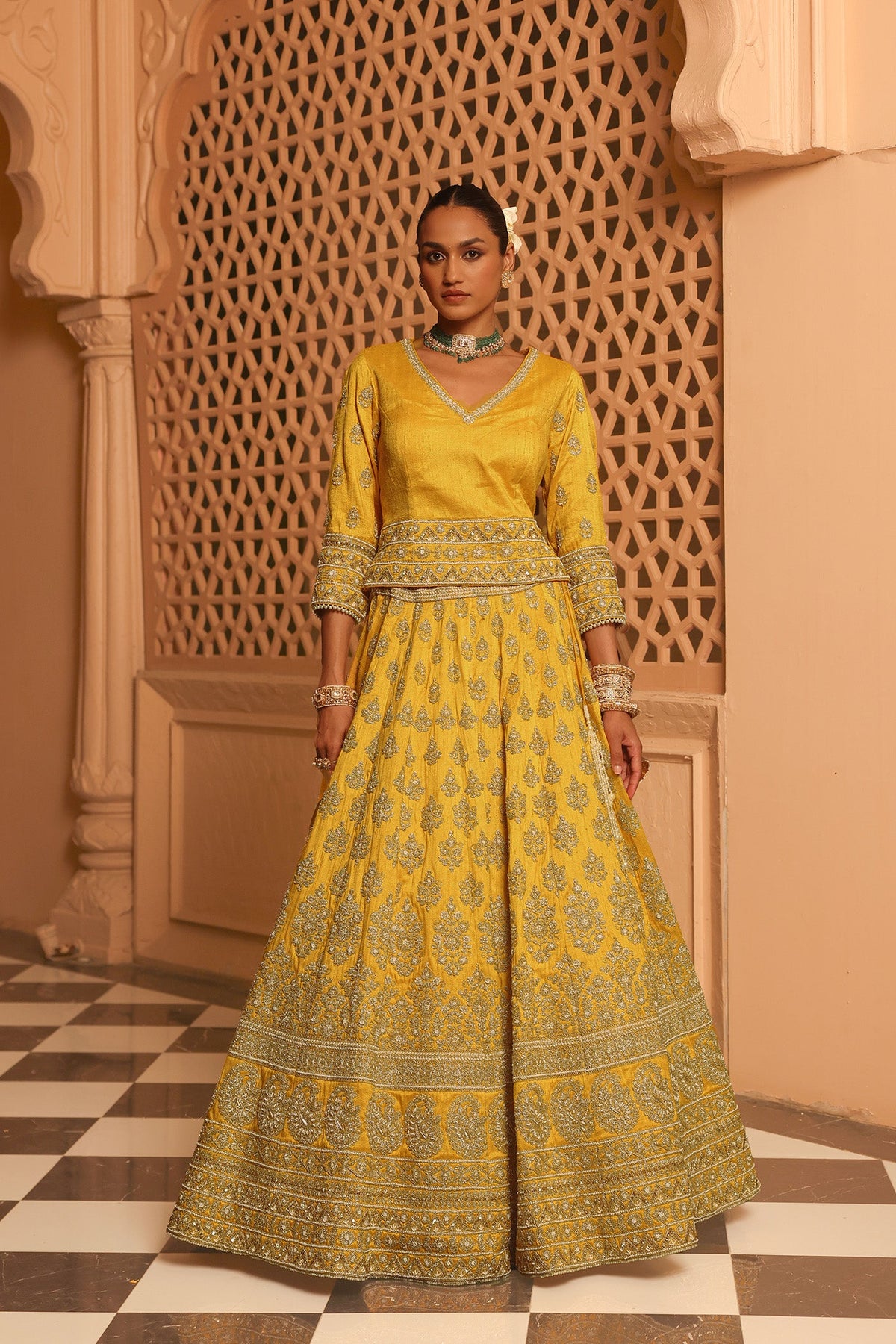 Noorali - Heirloom Mustard Lehenga with Choli and Dupatta