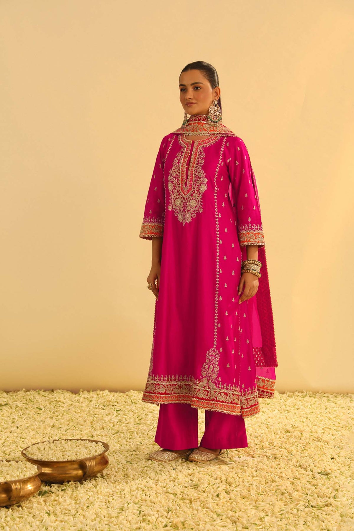 Mayra - Rani Hotpink Long Kurta with Palazzo & Dupatta