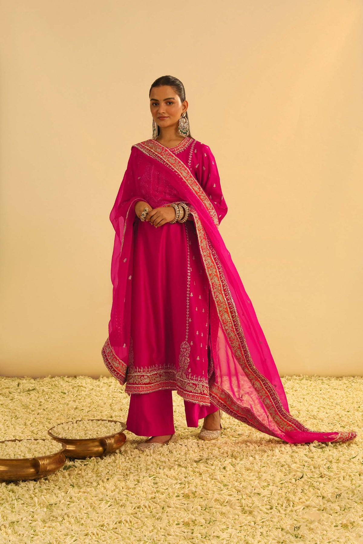 Mayra - Rani Hotpink Long Kurta with Palazzo & Dupatta