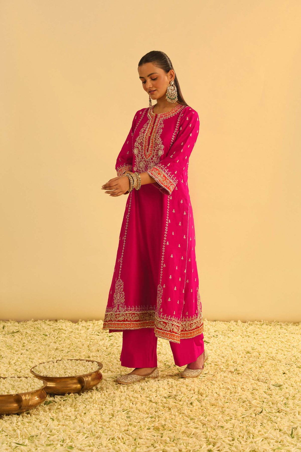 Mayra - Rani Hotpink Long Kurta with Palazzo & Dupatta