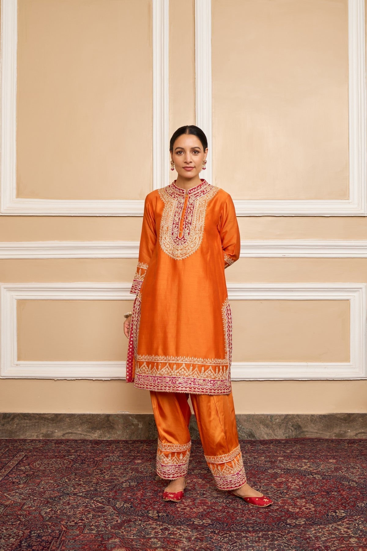 AFSAANA - ORANGE SHORT KURTA WITH SALWAR AND DUPATTA (LXRTS)