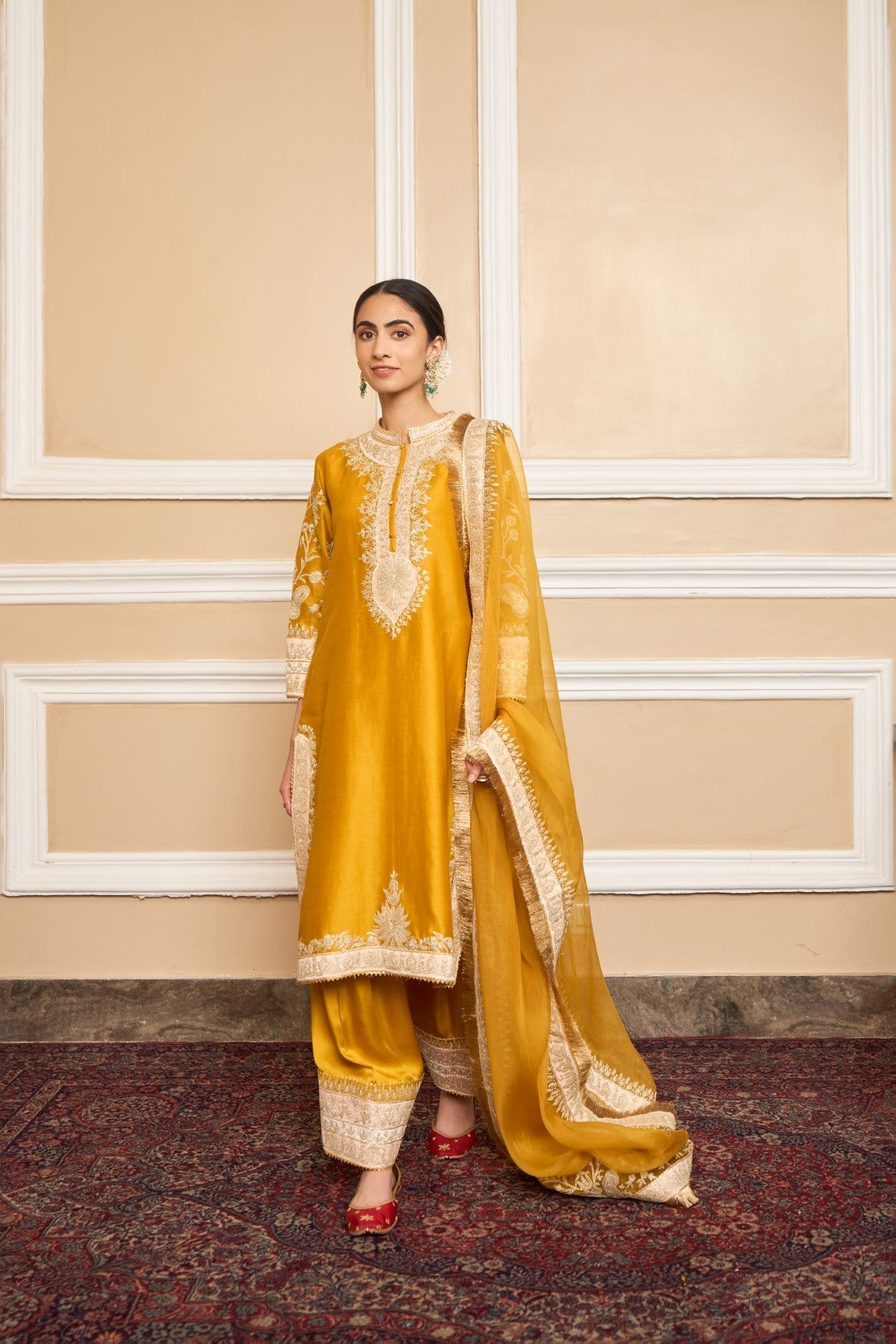 RESHAM - GLAZE MUSTARD SHORT KURTA WITH SALWAR AND DUPATTA (LXRTS)