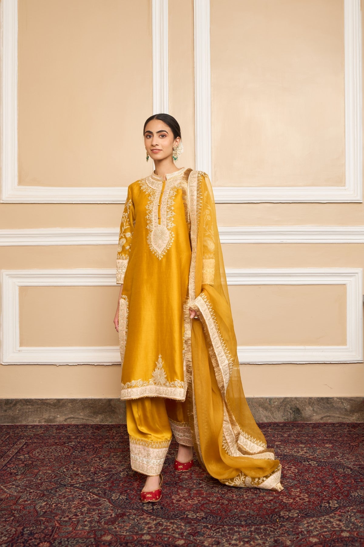 RESHAM - Glaze Mustard SHORT KURTA WITH SALWAR AND DUPATTA