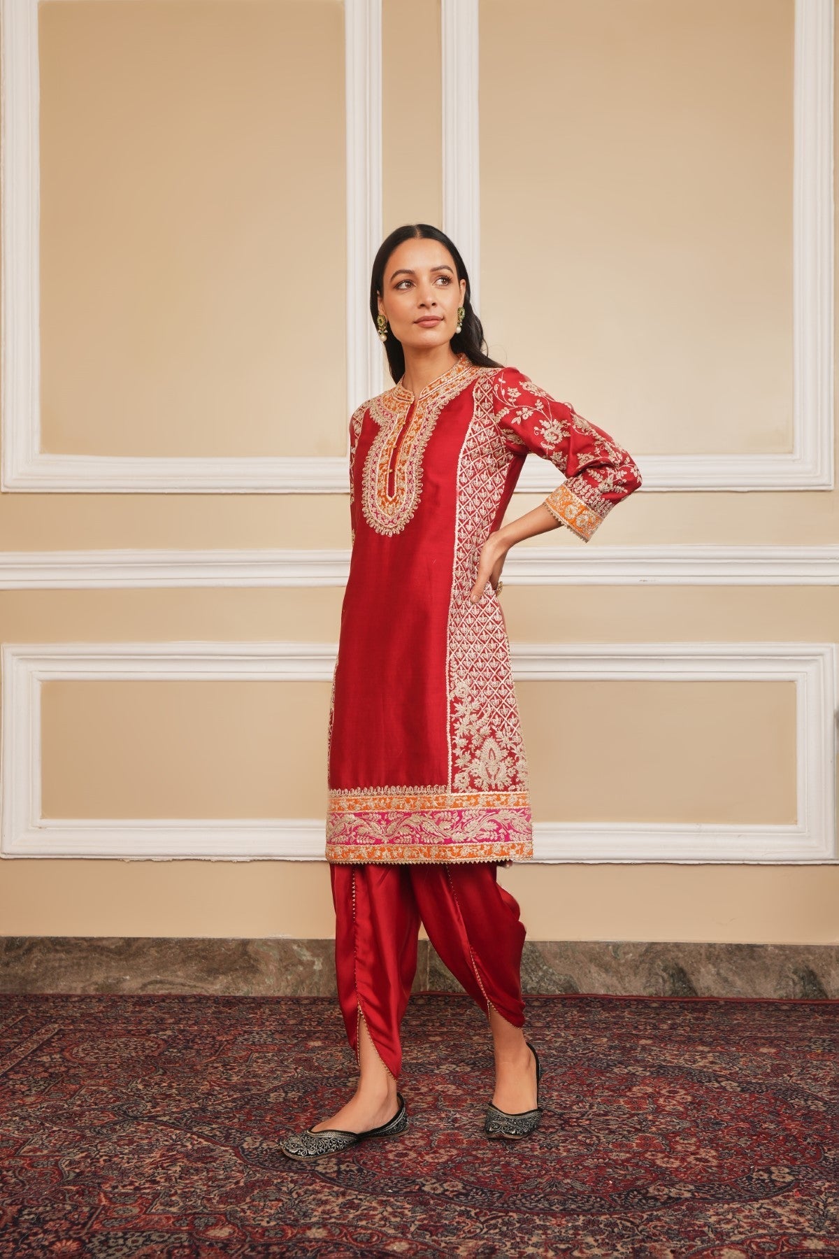 MEHNOOR - DEEP RED KURTA WITH DHOTI (LXRTS)