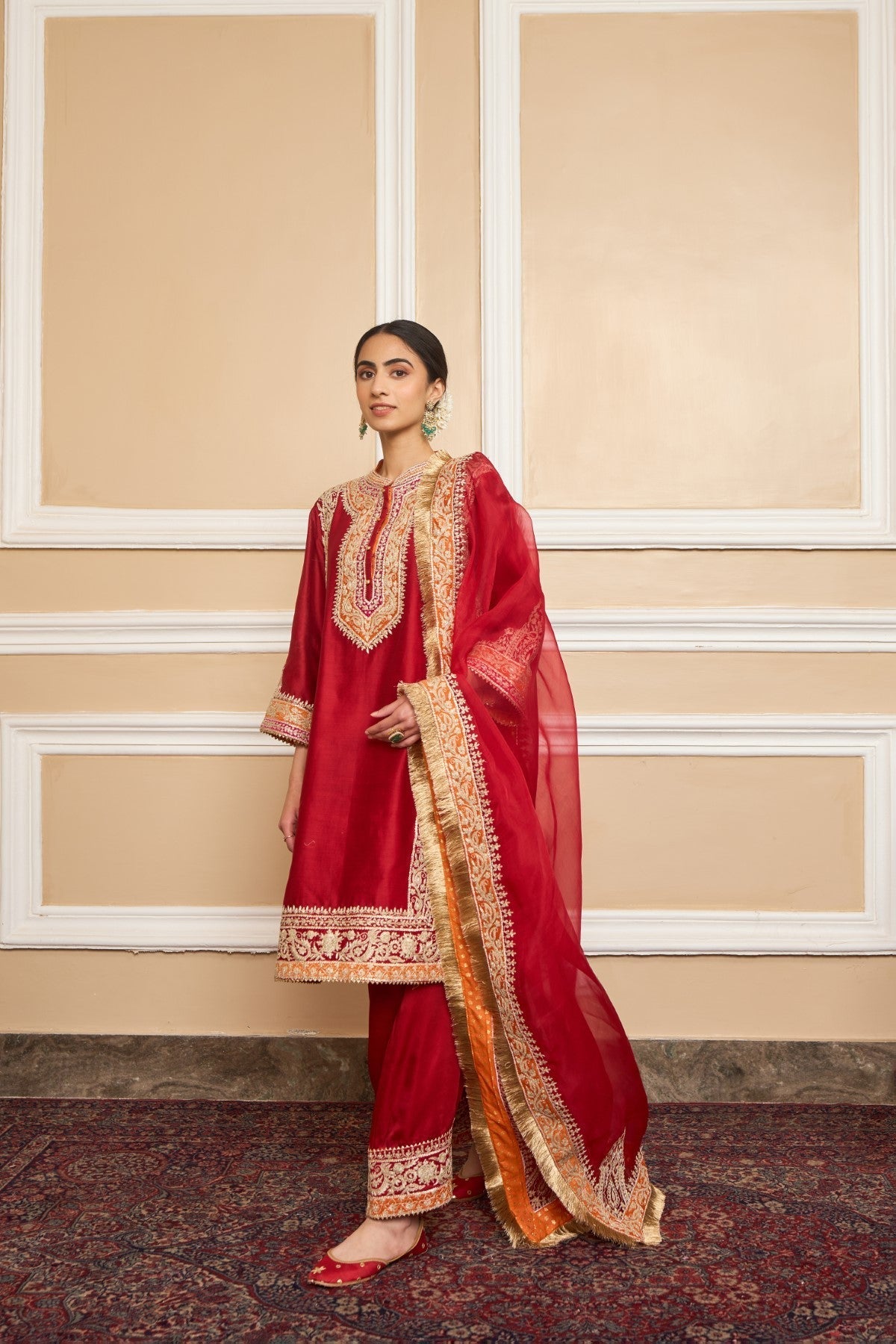 NAAYAAB - DEEP RED SHORT KURTA WITH SALWAR AND DUPATTA (LXRTS)