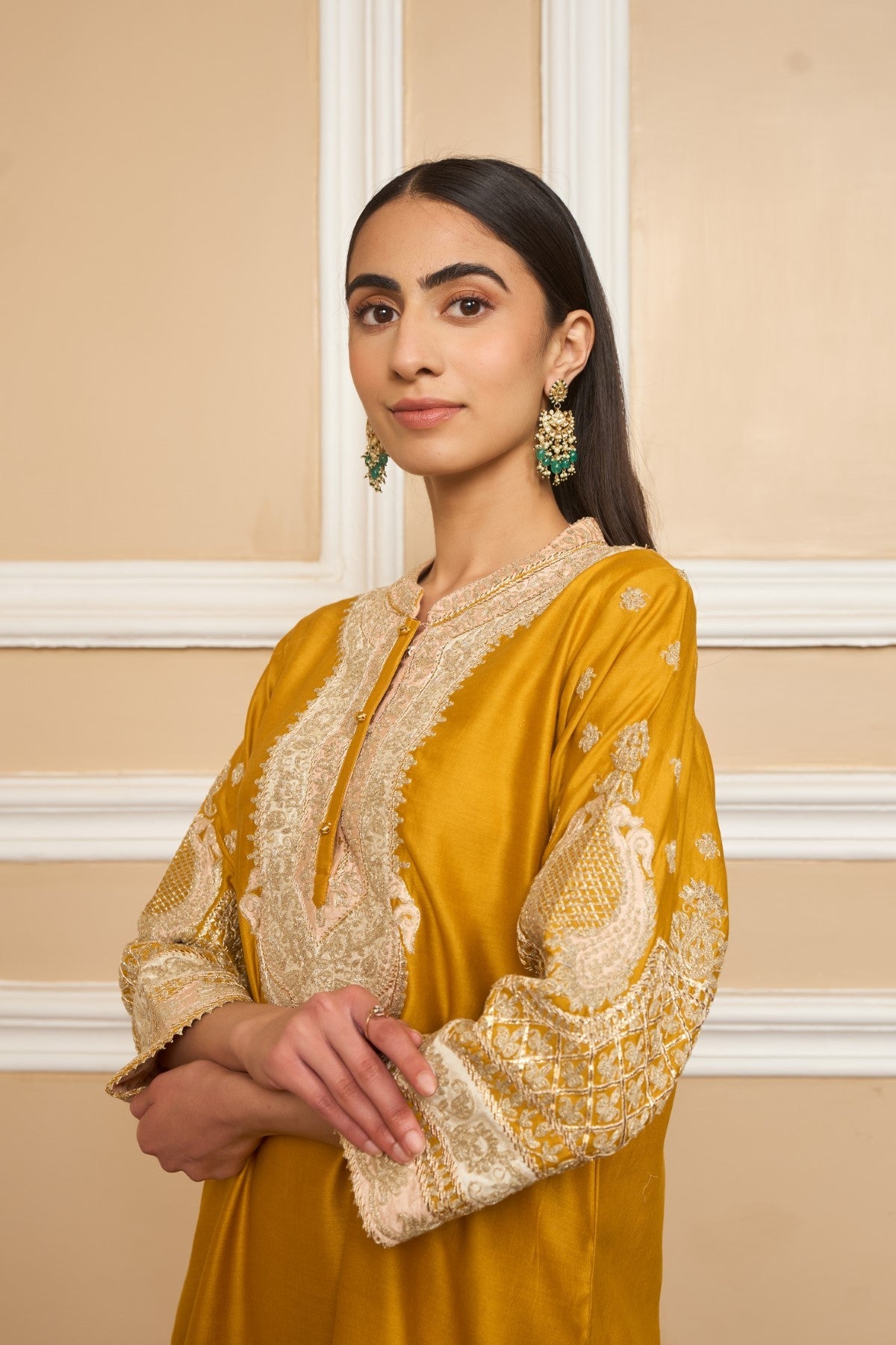 Divya Boppana In MYREEN - Glaze Mustard KURTA WITH DHOTI