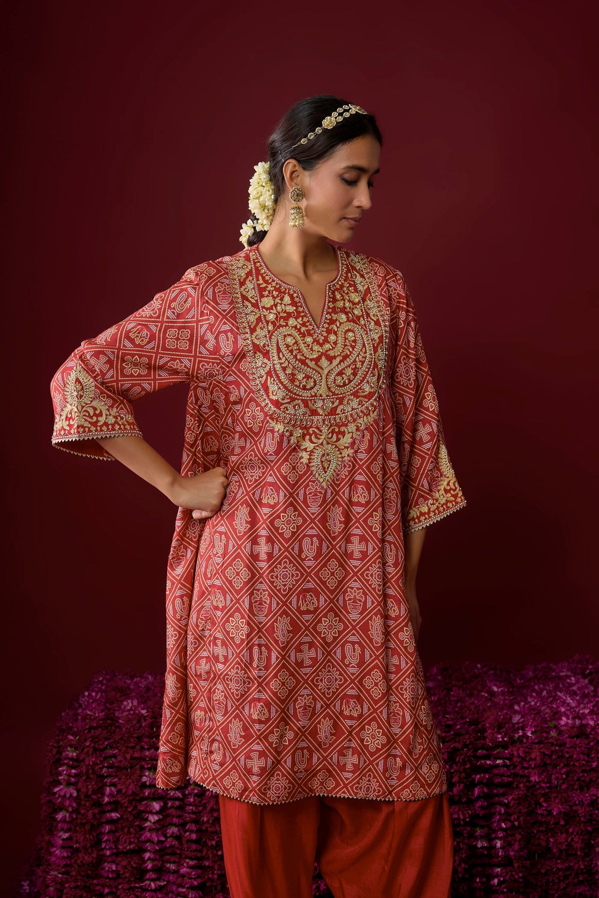 Urwa - Deep Red Short Chauga With Salwar