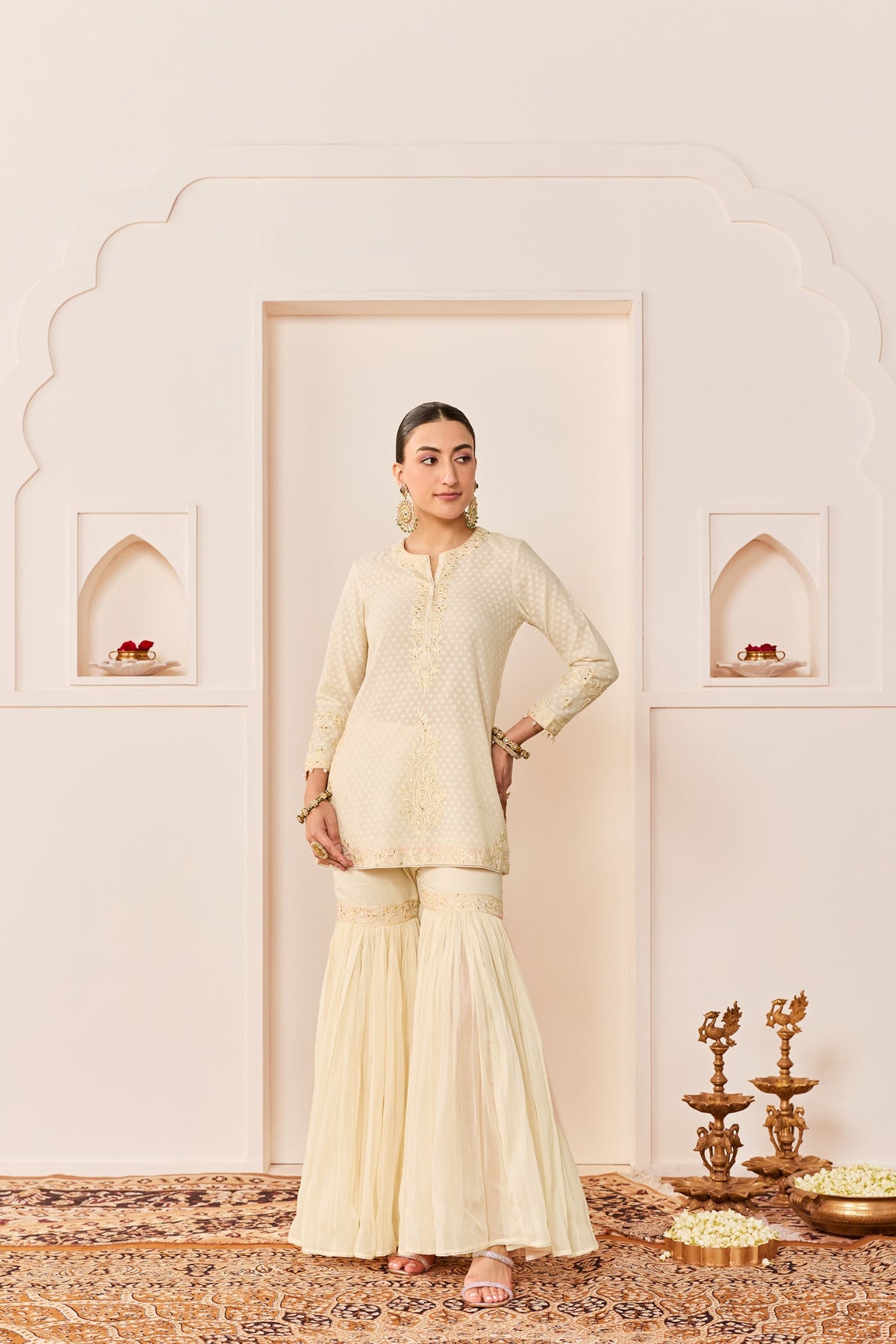 Yasneen -Daisy Ivory Short Kurta With Garara And Dupatta (LXRTS)