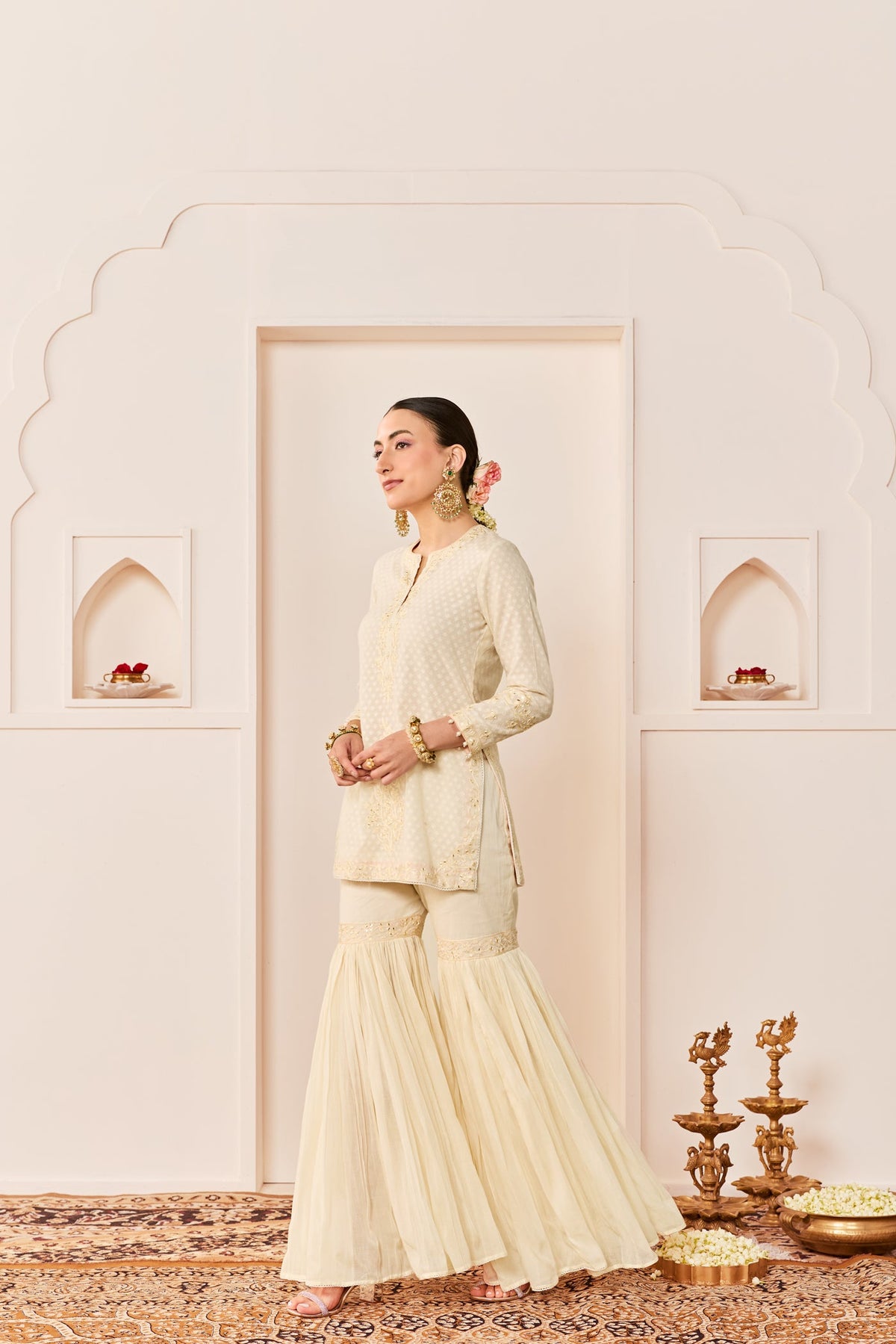 Yasneen -Daisy Ivory Short Kurta With Garara And Dupatta (LXRTS)