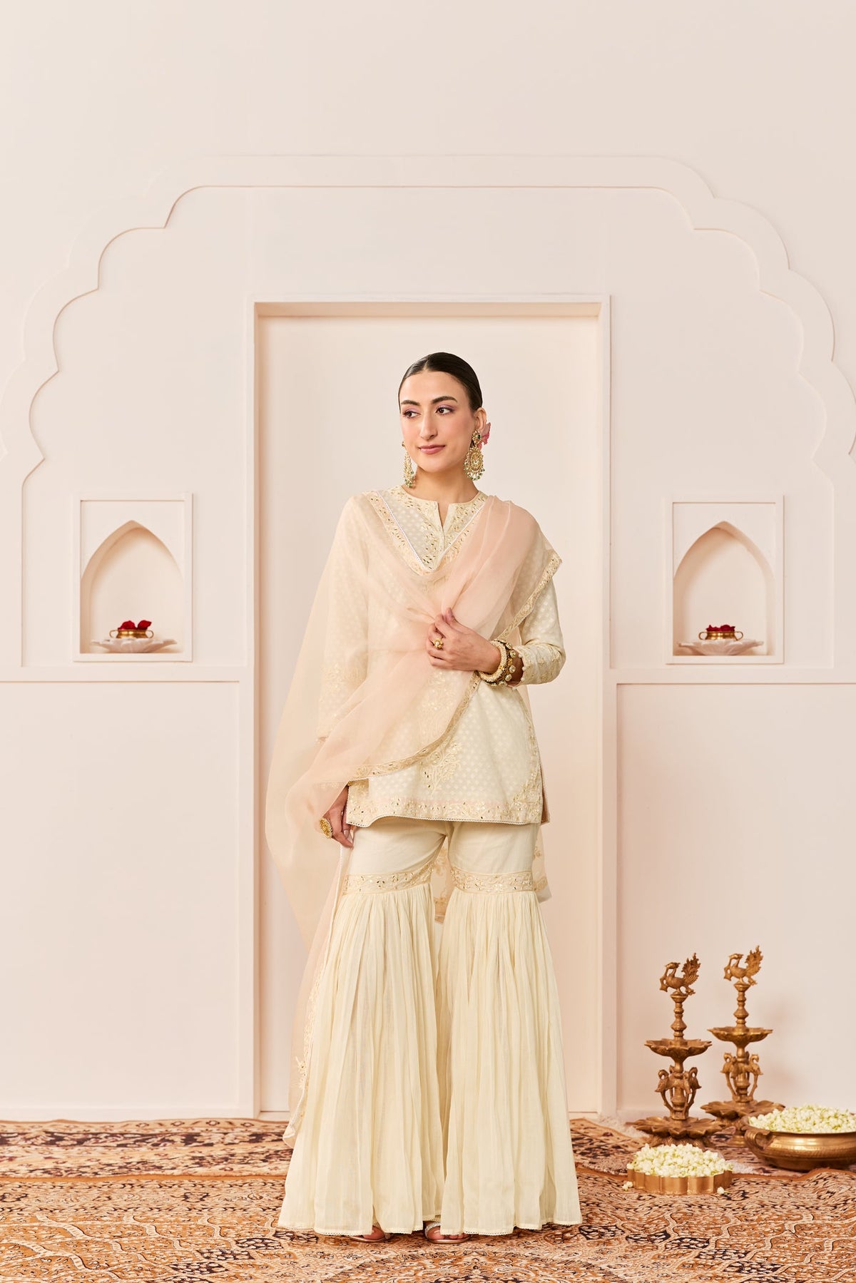 Yasneen -Daisy Ivory Short Kurta With Garara And Dupatta (LXRTS)
