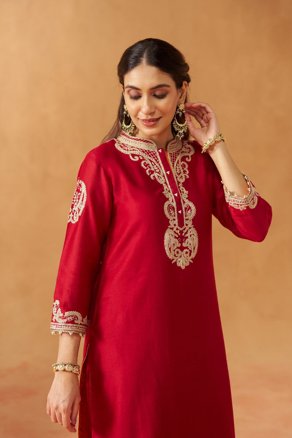 Aabisah- Deep Red Embroidered Kurta With Dhoti