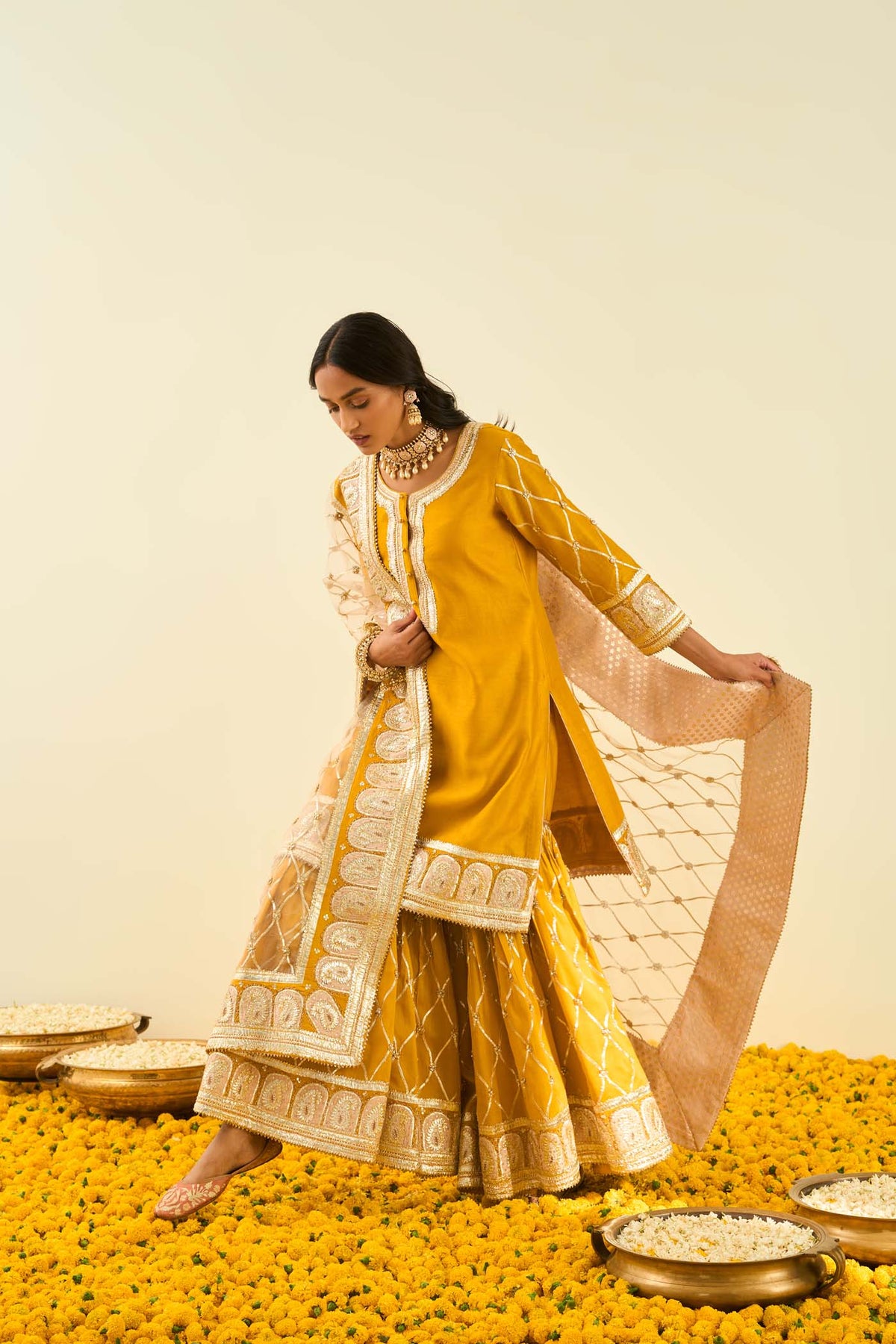 Sukhneet Wadhwa IN Shabina- Glaze Mustard short kurta with garara and dupatta