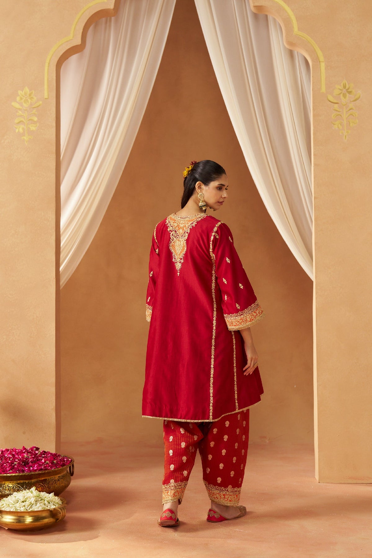 Maahgul Deep Red Kalidaar Chauga with Salwar with Dupatta