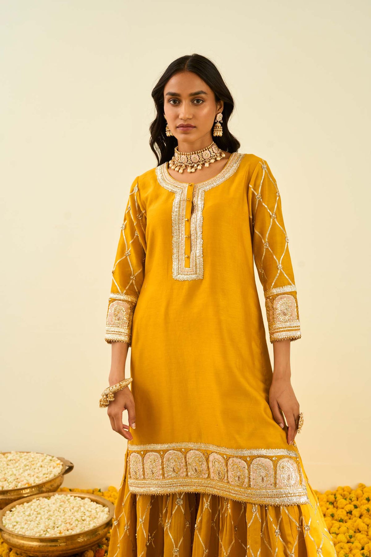 Heena Bhalla IN Shabina- Heirloom Mustard short kurta with garara and dupatta