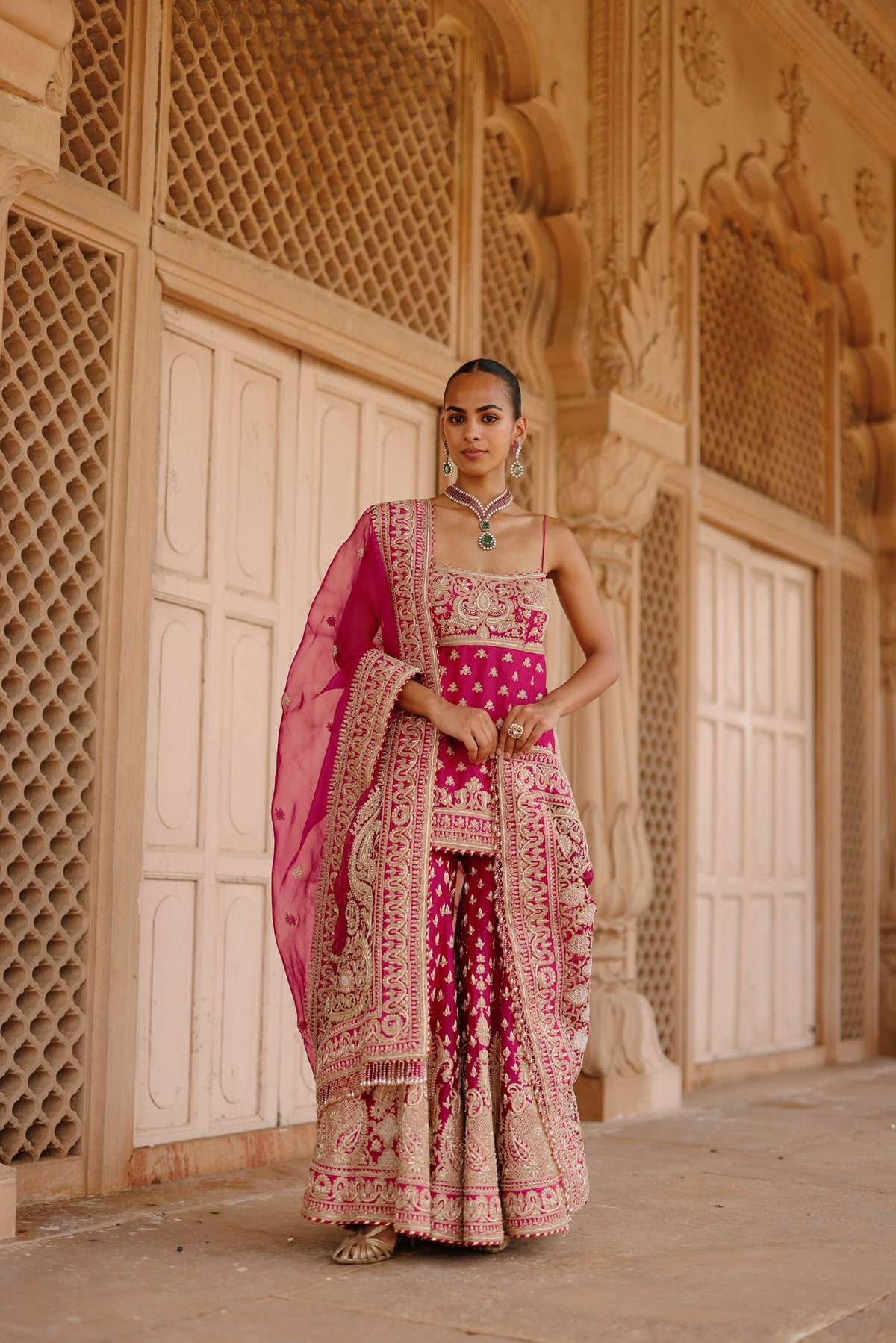 Nisbat - Rani Hot Pink Kurta Set with Garara & Dupatta