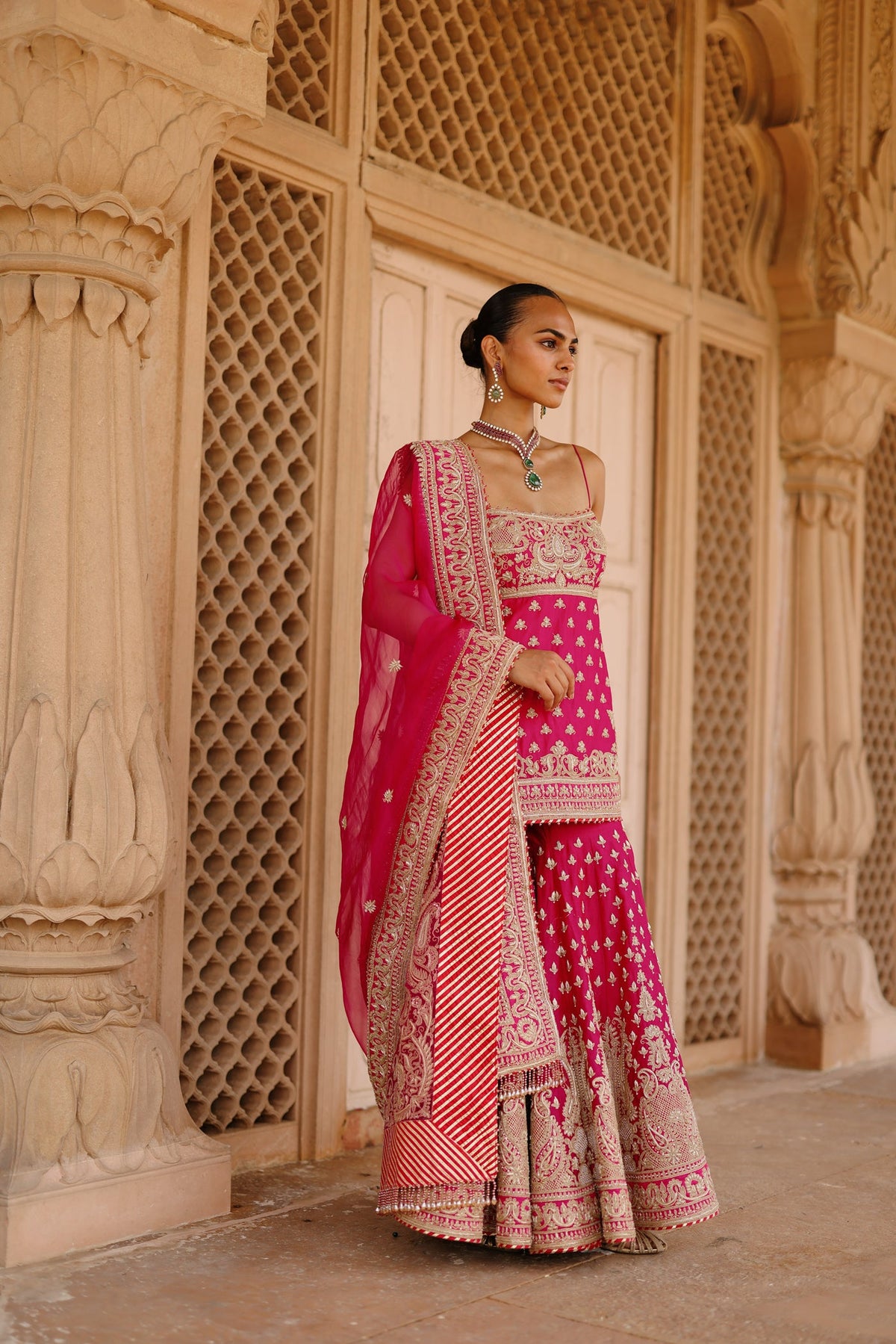 Nisbat - Rani Hot Pink Kurta Set with Garara & Dupatta
