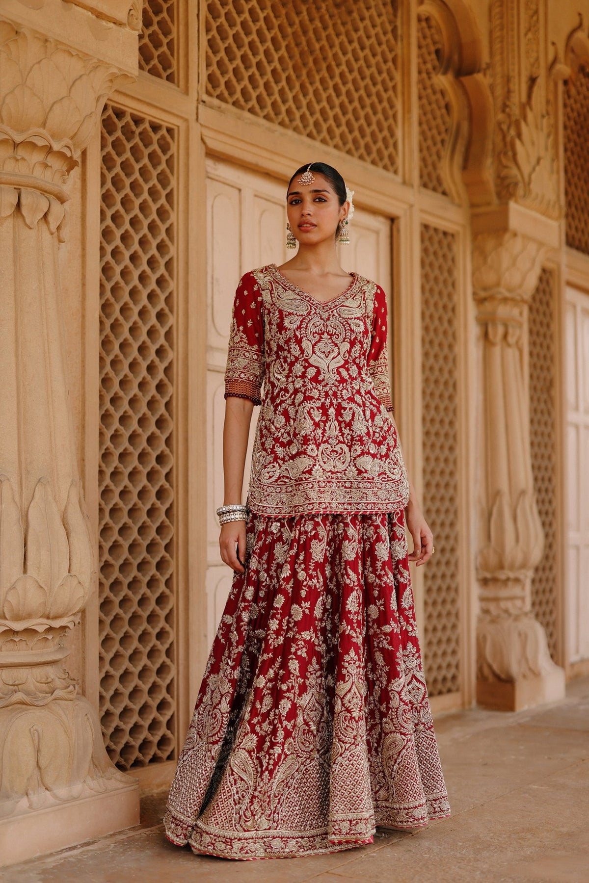 Merab - Deep Red Kurta Set with Lehenga & Dupatta