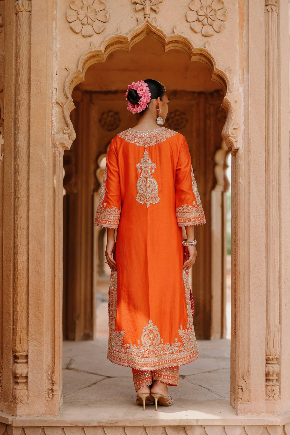 Umaira - Burnt Orange Long Kurta Set with Salwar & Dupatta