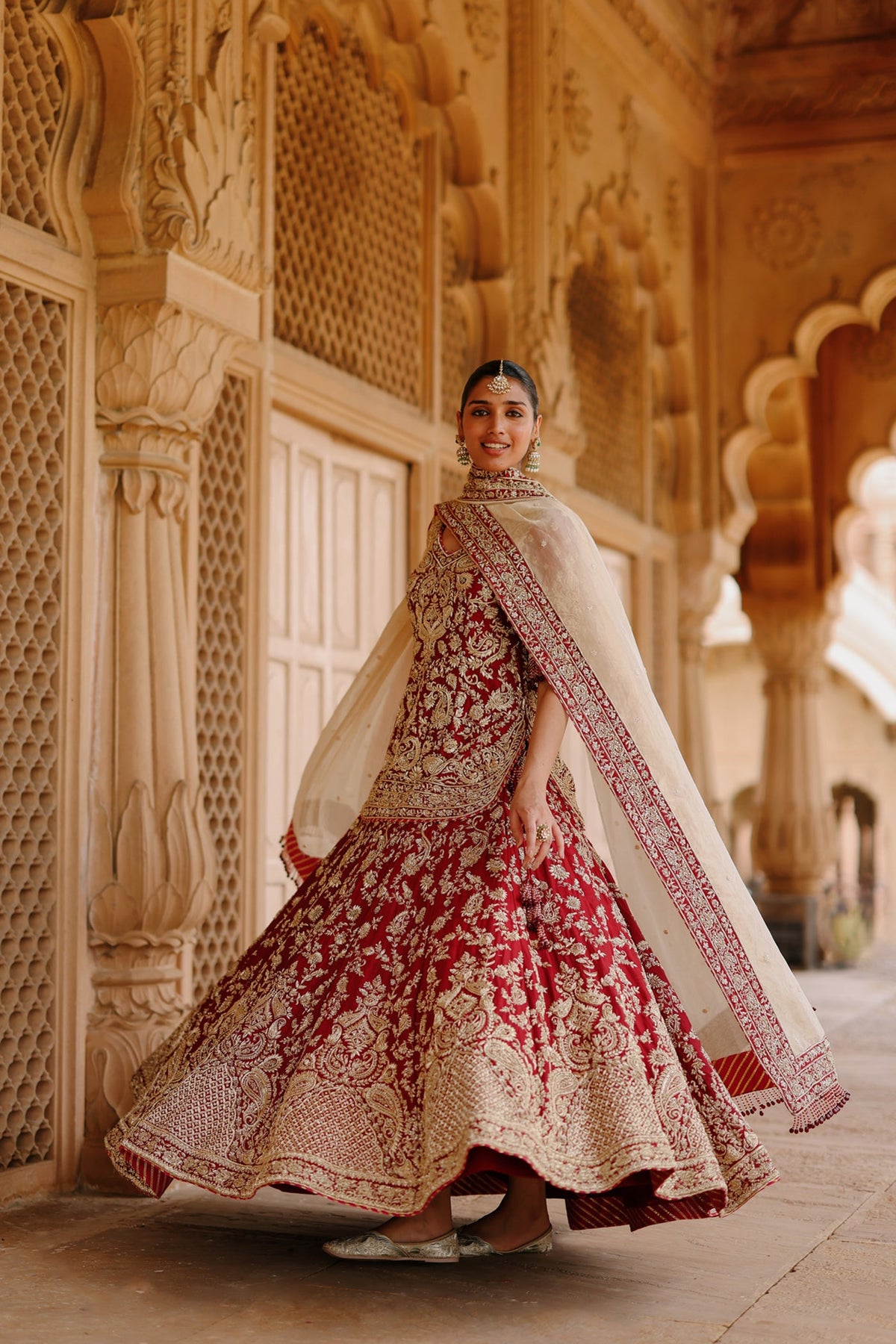Merab - Deep Red Kurta Set with Lehenga & Dupatta