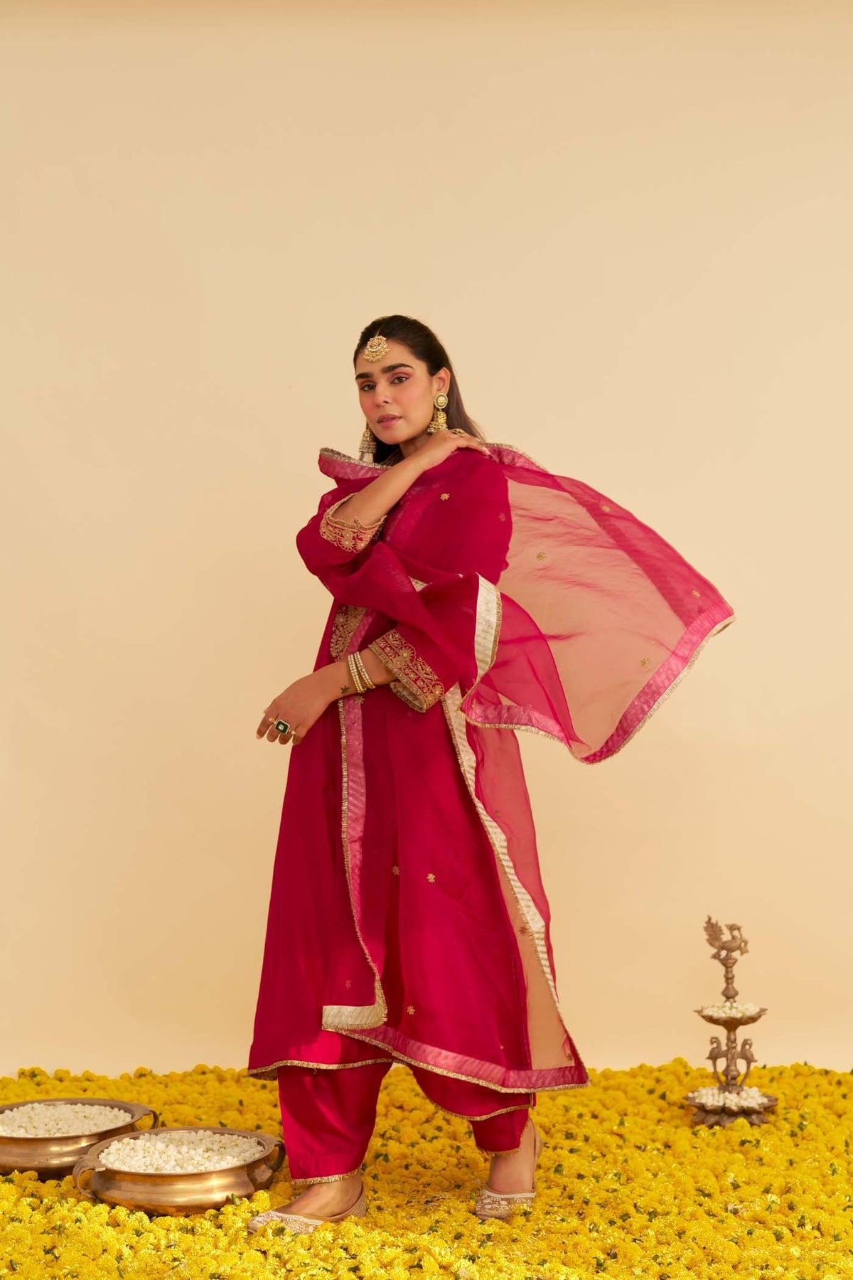 HIBA - Rani Hotpink LONG KAFTAN WITH SALWAR AND DUPATTA