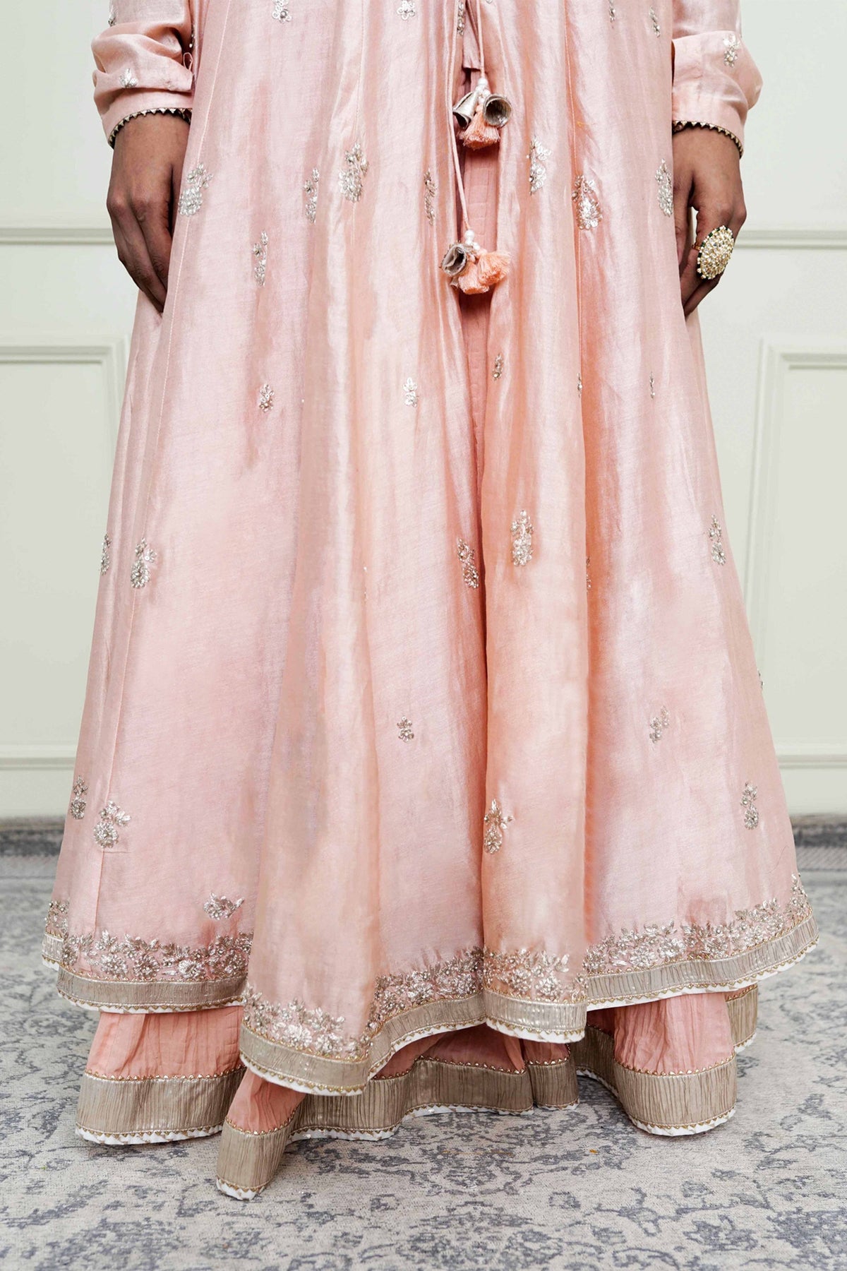 Taarini-Pearl Pink Tilla Embroidered Anarkali Set