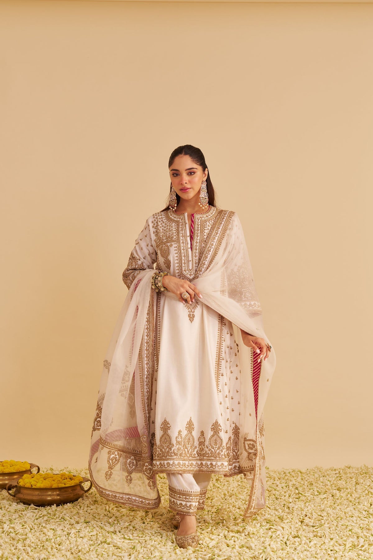Zoya - Dabka Zardozi Embroidered Rich Banarasi Kalidaar Daisy Ivory Long Chauga Set (LXRTS)