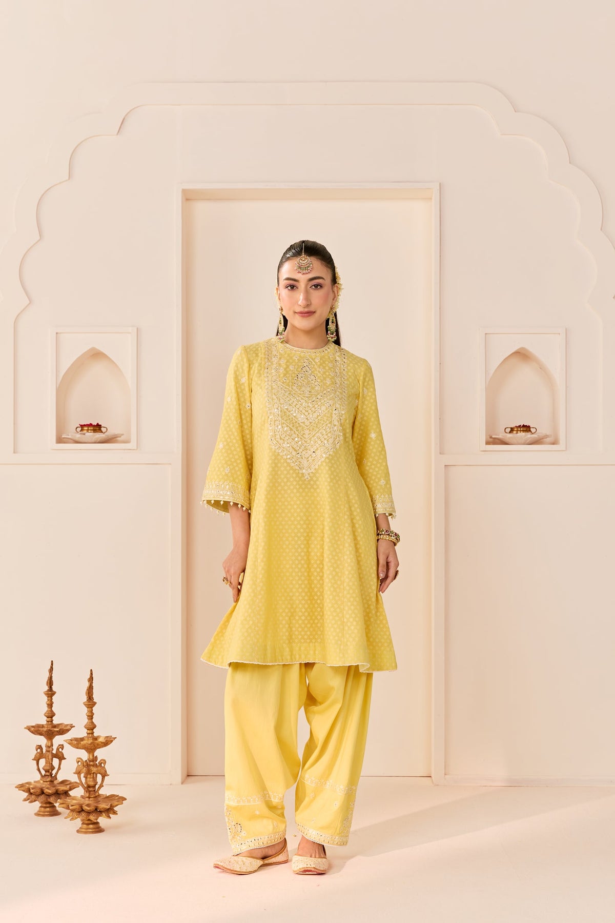 Nida - Lemon Yellow Short Choga With Farshi Salwar