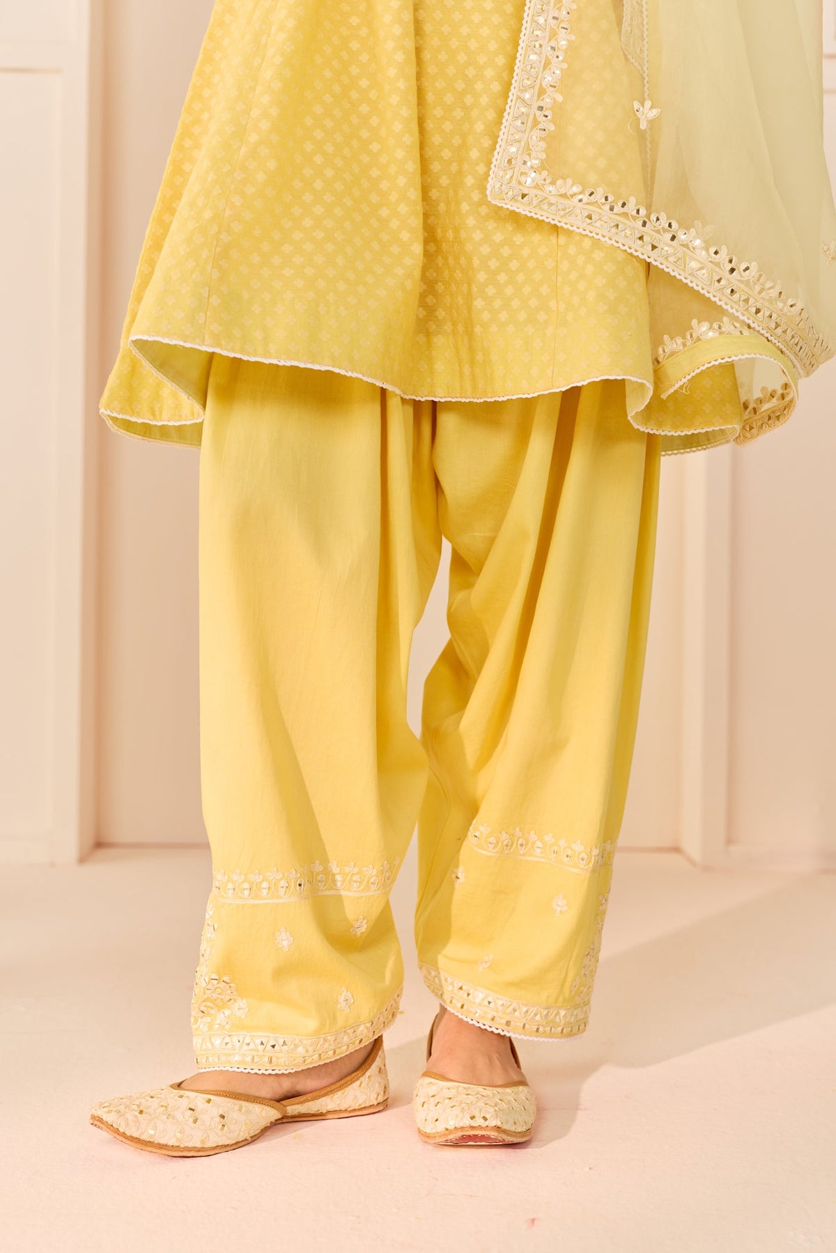 Nida - Lemon Yellow Short Choga With Farshi Salwar