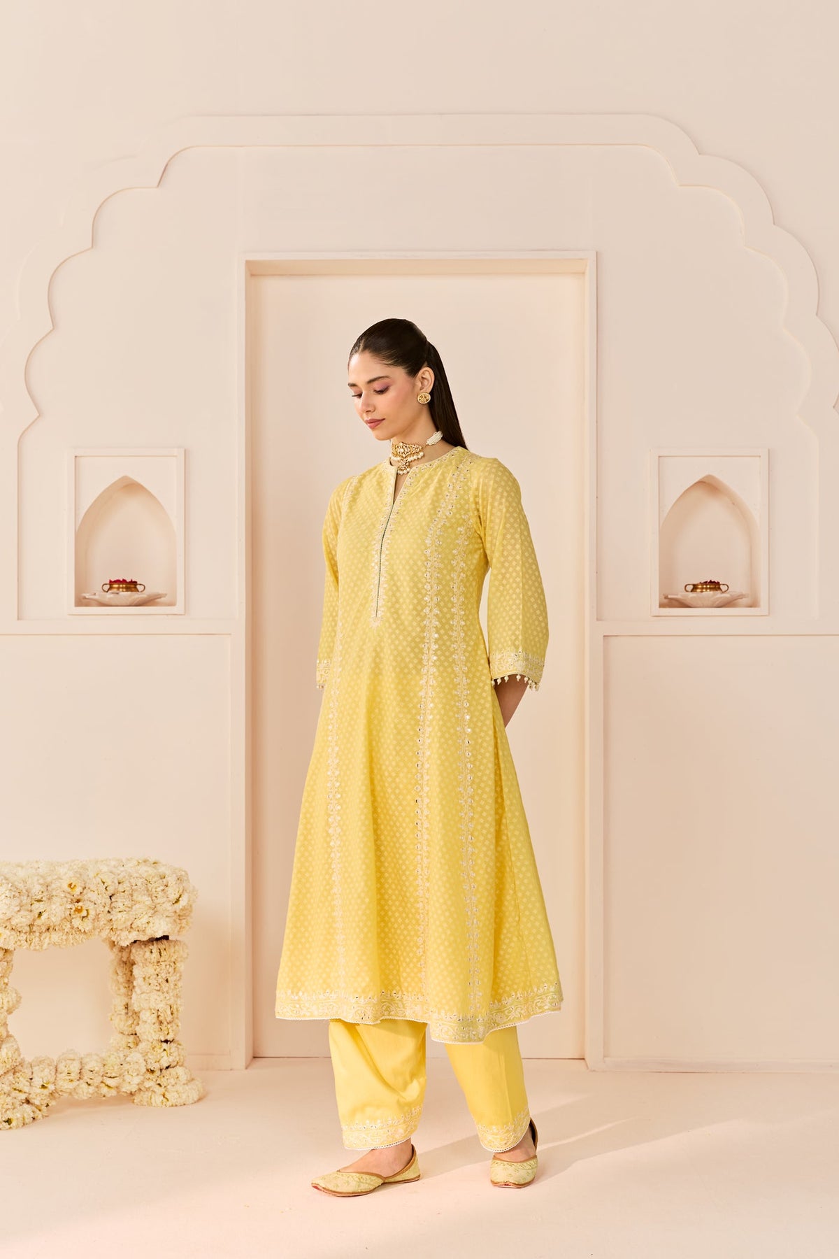 Firdaus -Lemon Yellow Long Kalidaar Chauga With Dogri Salwar And Dupatta (LXRTS)