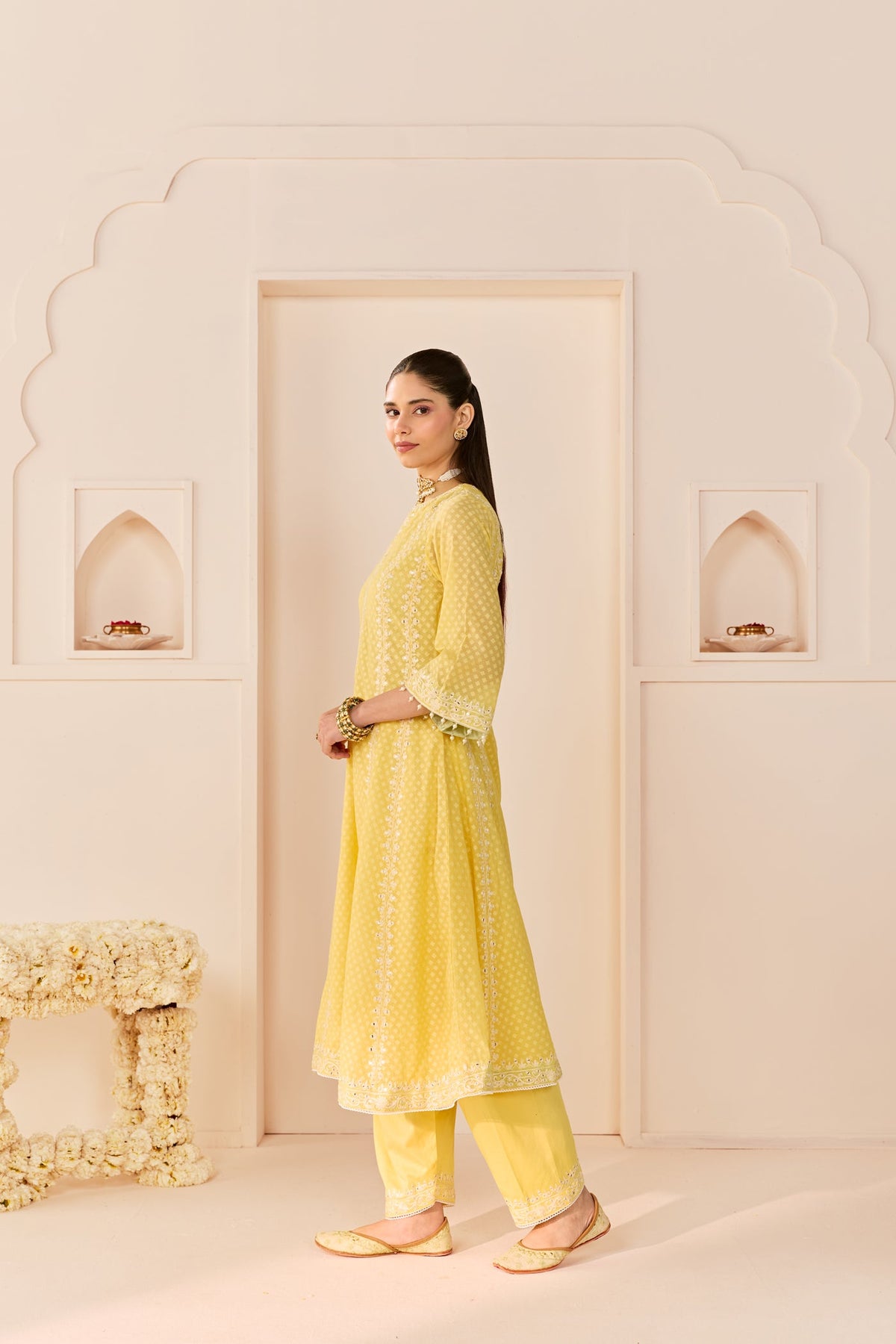 Firdaus -Lemon Yellow Long Kalidaar Chauga With Dogri Salwar And Dupatta (LXRTS)