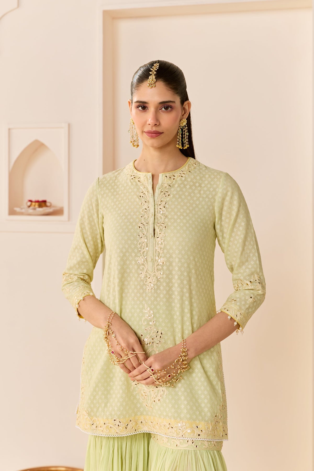 Yasneen - Mint Green Short Kurta With Garara And Dupatta